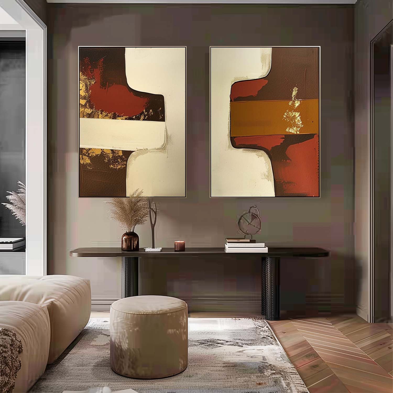 Set of 2 Beige and Brown Abstract Art for Sale Brown and Beige Modern Wall Art Brown and Beige Oil Paintings