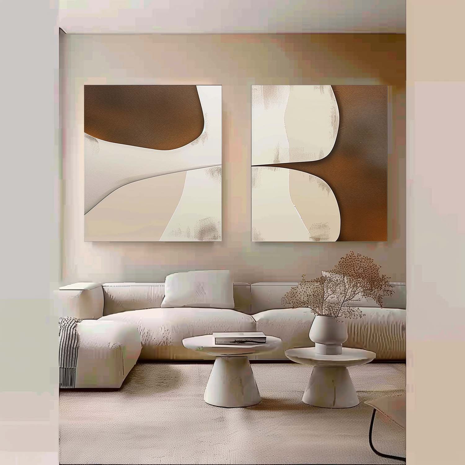 Large Minimalist Canvas Wall Art Set of 2 Brown And Beige Art Contemporary Minimalist Abstract Oil Paintings