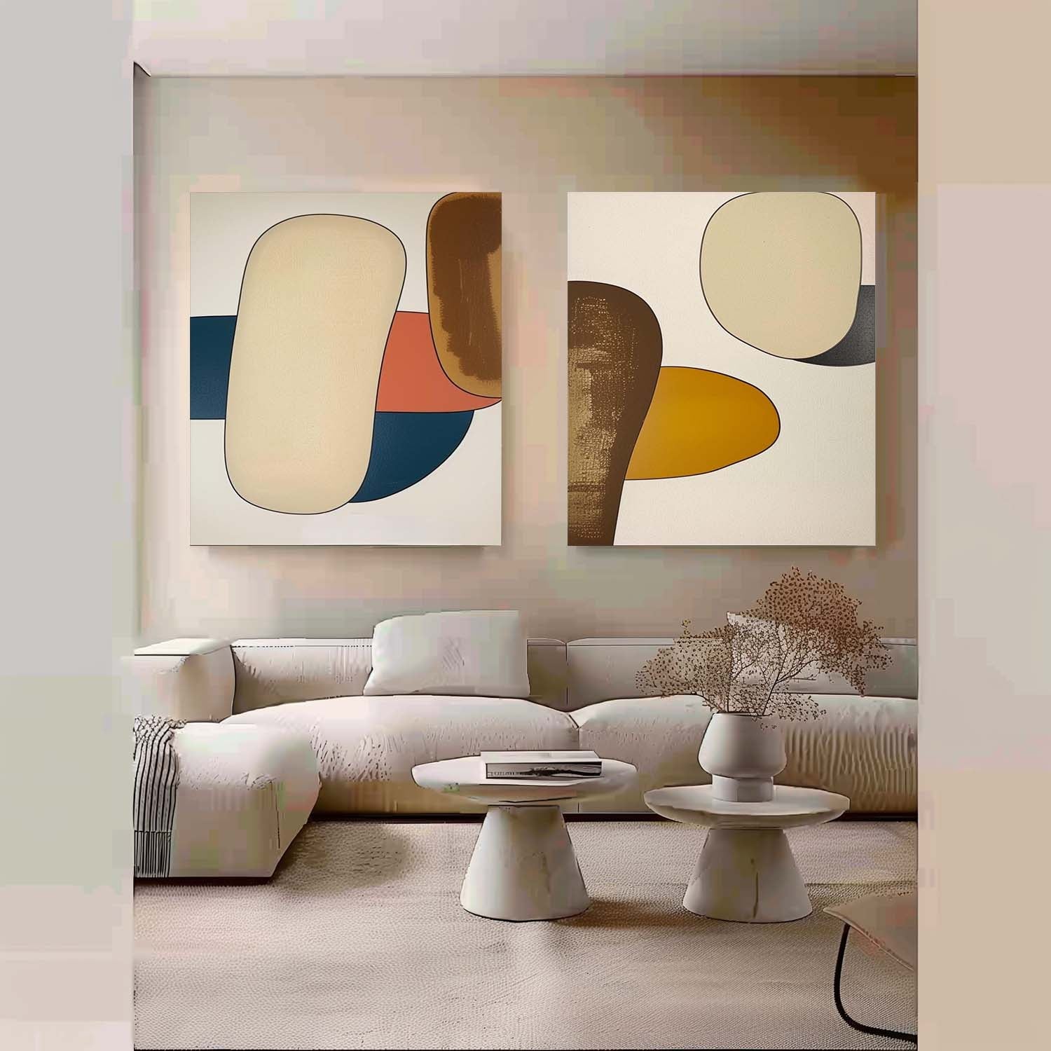 Large Minimalist Abstract Art Set of 2 Beige Living Room Wall Painting Contemporary Minimalist Artist