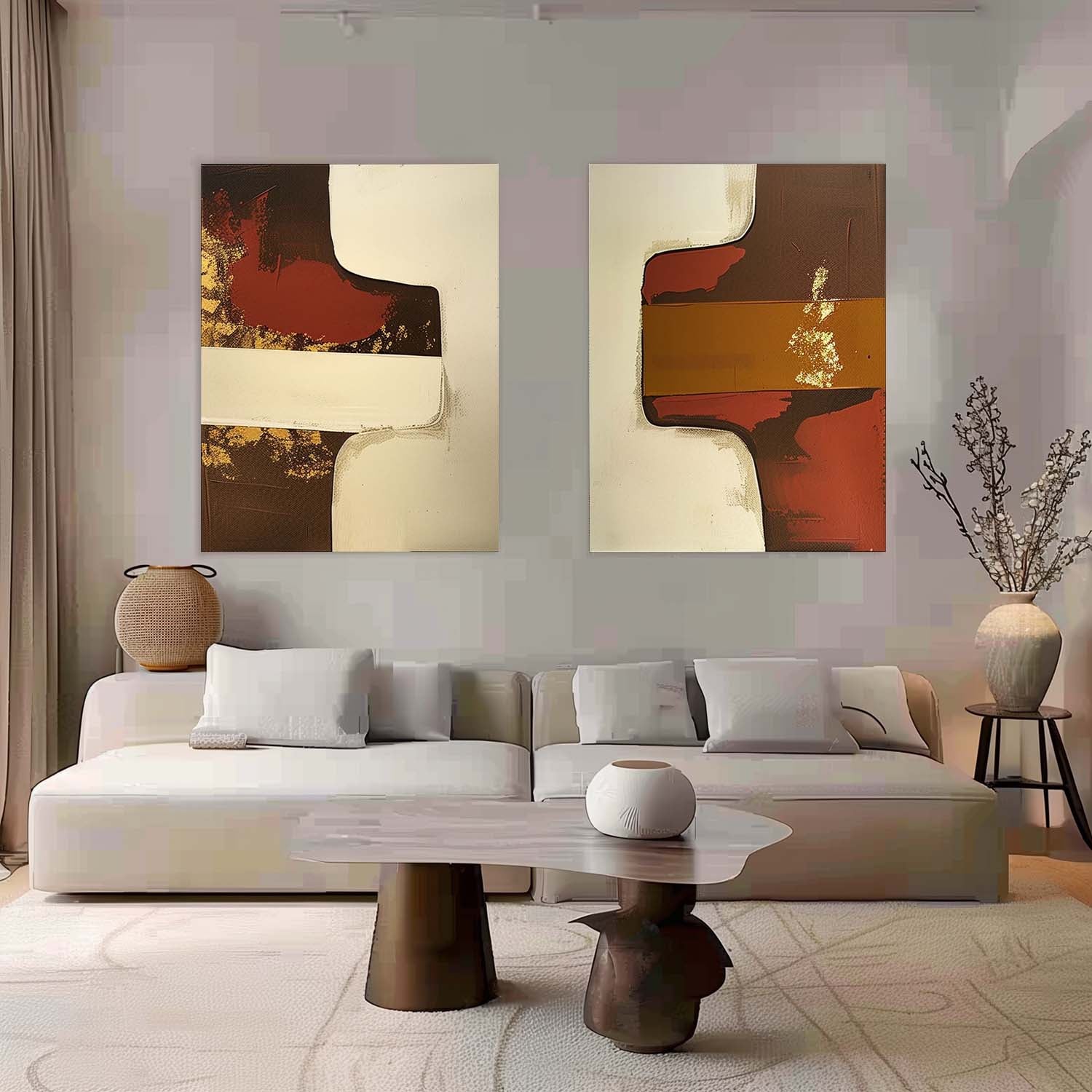 Set of 2 Beige and Brown Abstract Art for Sale Brown and Beige Modern Wall Art Brown and Beige Oil Paintings