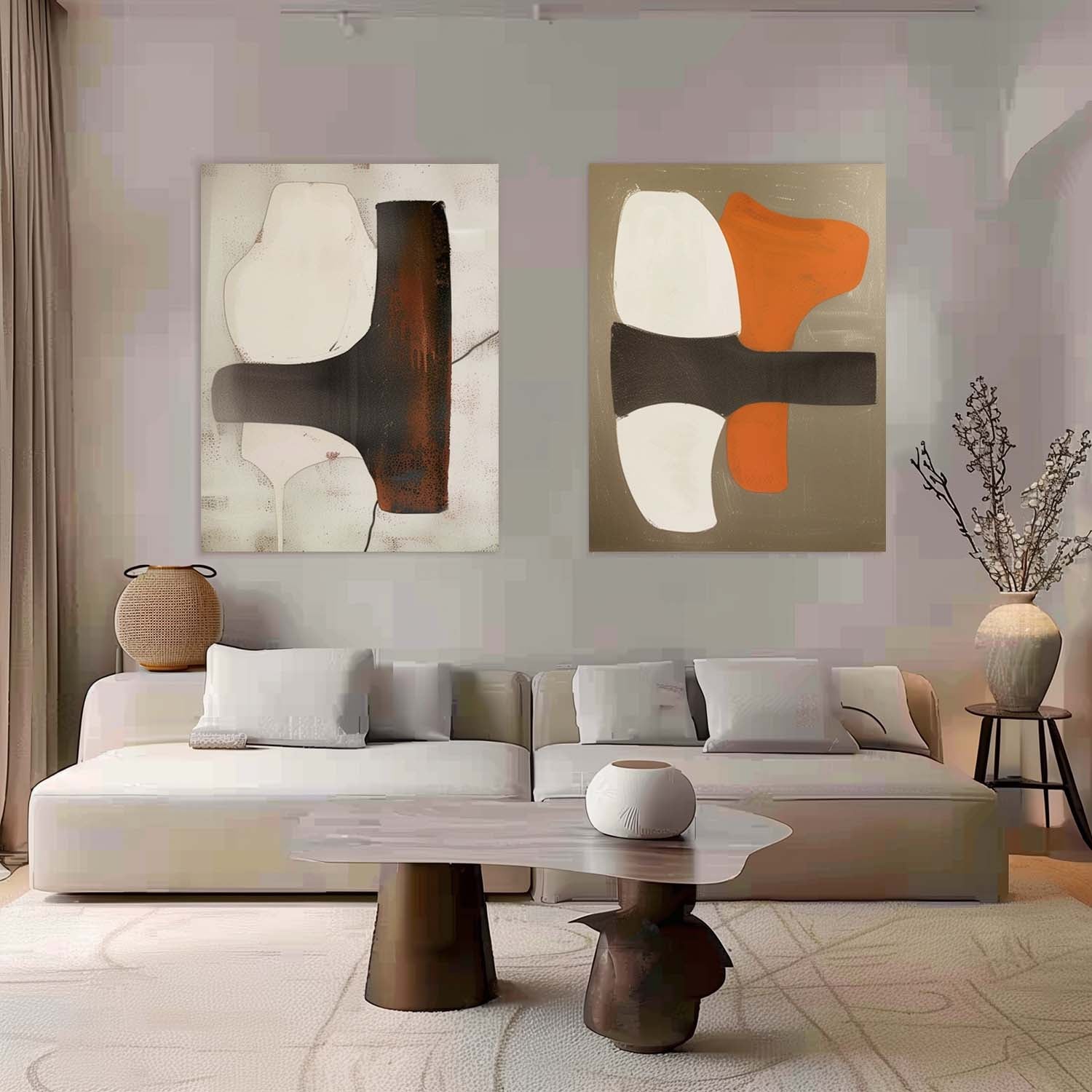 Beige and Brown Art for Sale Set of 2 Modern Wall Art Contemporary Minimalist Abstract Canvas Art