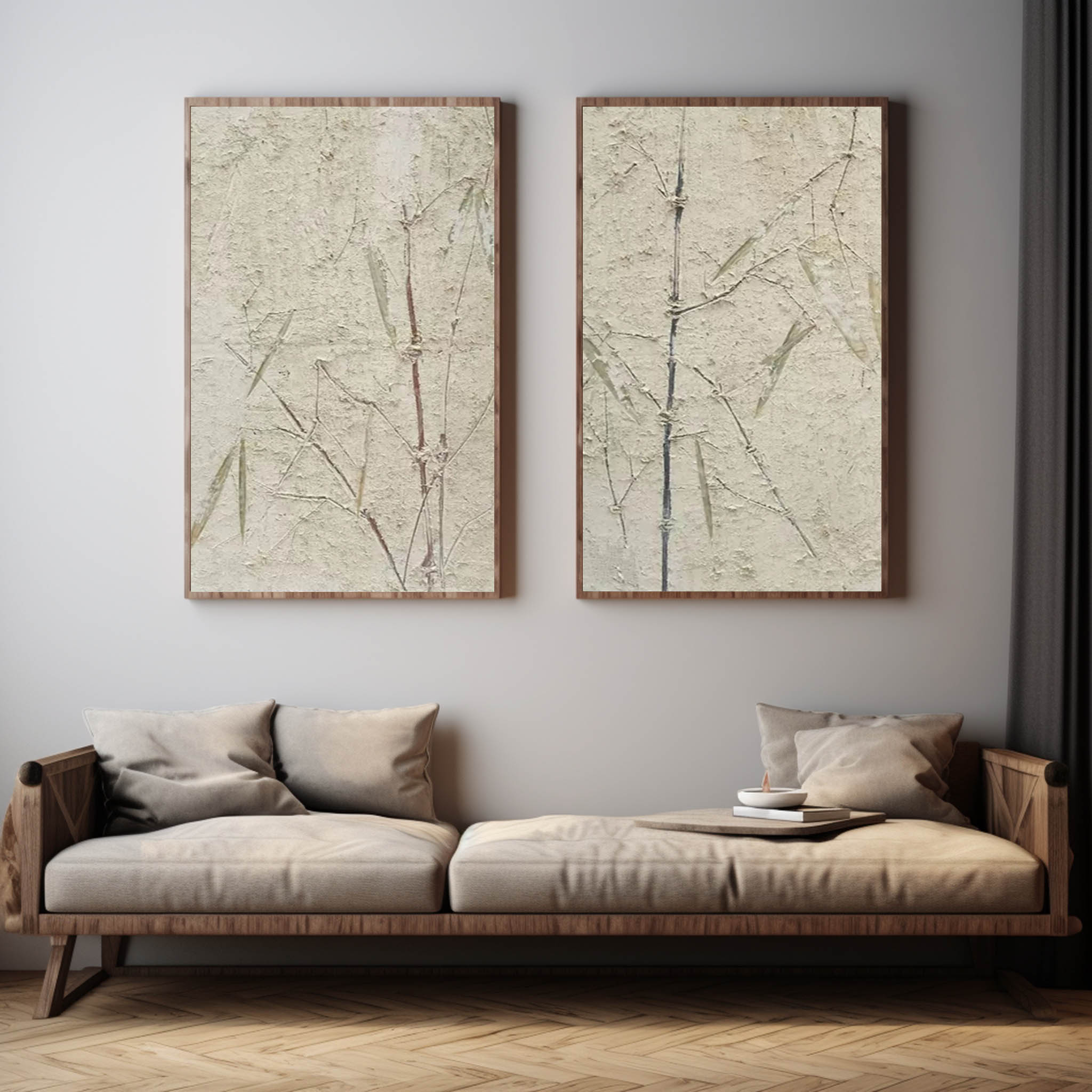 Beige and Green Bamboo Texture Painting Set of 2 Bamboo Minimalist Canvas Wall Art Wabi Sabi Art