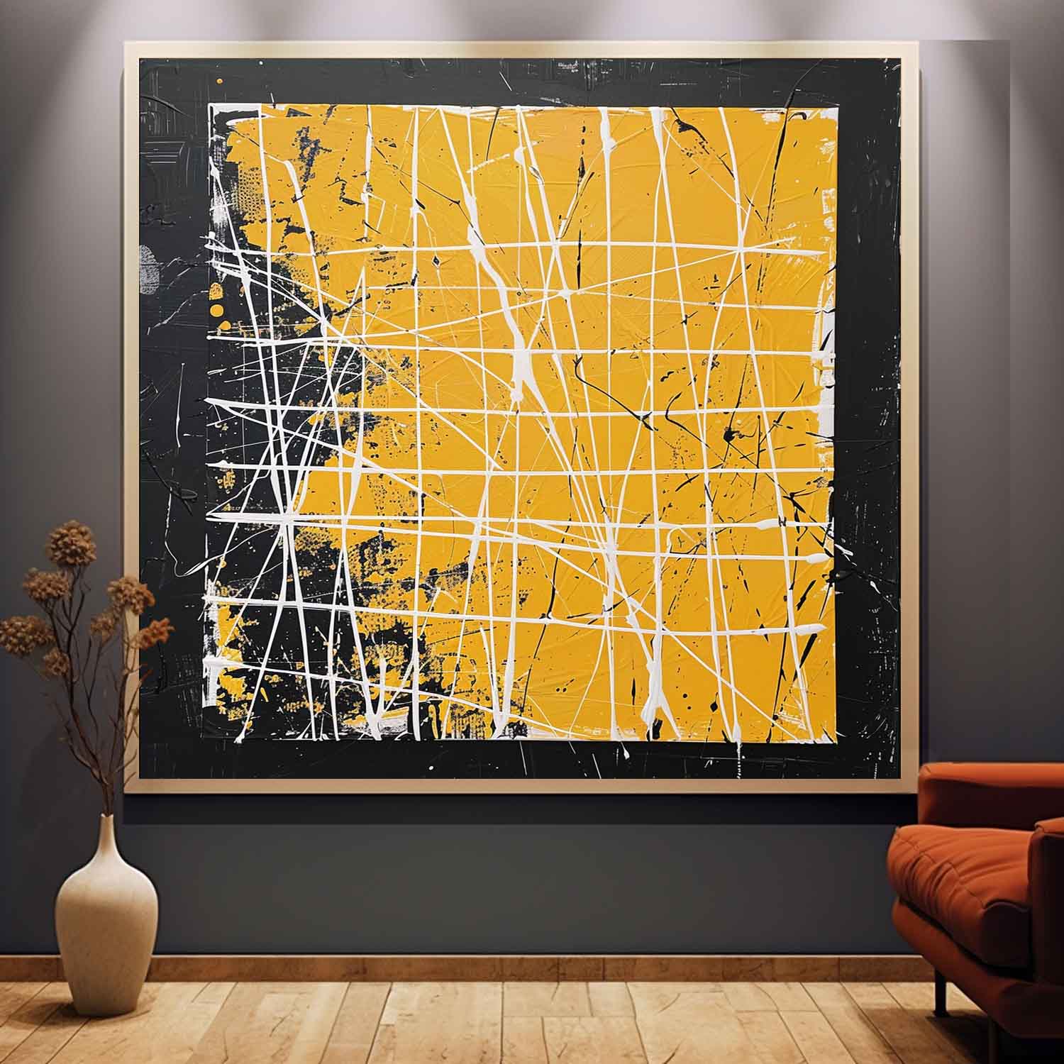 Yellow and Black Abstract Textured Canvas Wall Art Yellow and Black Abstract Minimalist Oil Painting