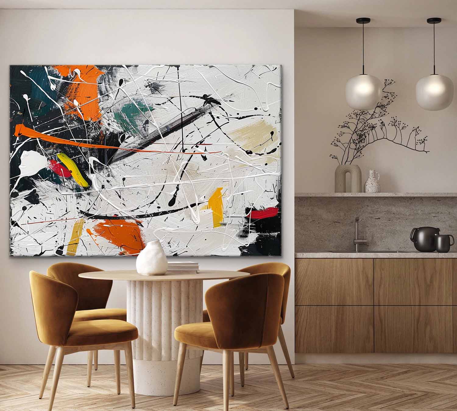 Large Orange and White Abstract Art for Sale Pollock Abstract Art Wall Decor Pollock Oil Painting