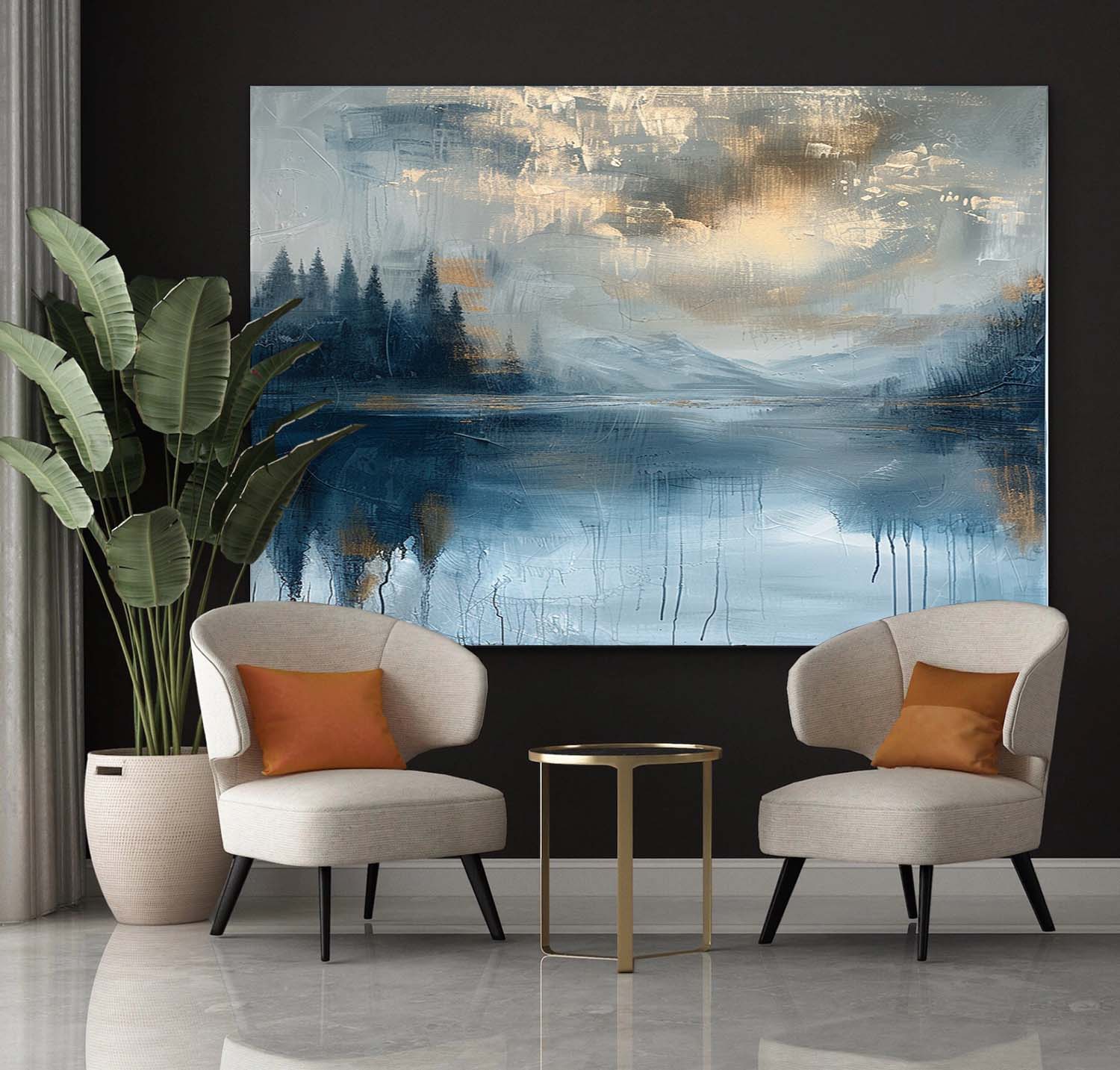 Large Modern Lakeside Sunset Wall Painting for Sale Colorful Abstract Lakeside Sunset Canvas Art