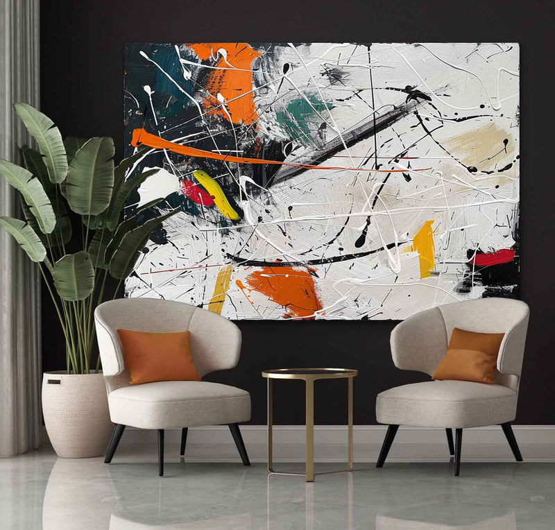 Large Orange and White Abstract Art for Sale Pollock Abstract Art Wall Decor Pollock Oil Painting