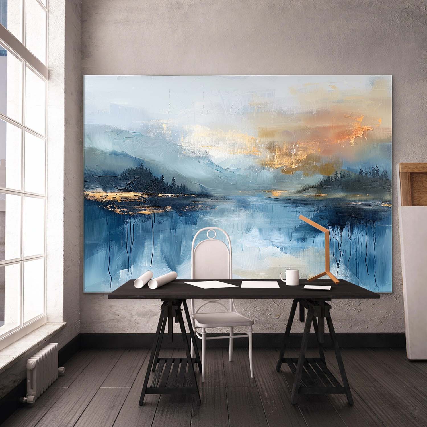 Large Modern Lakeside Sunrise Wall Painting for Sale Colorful Abstract Lakeside Sunrise Canvas Art