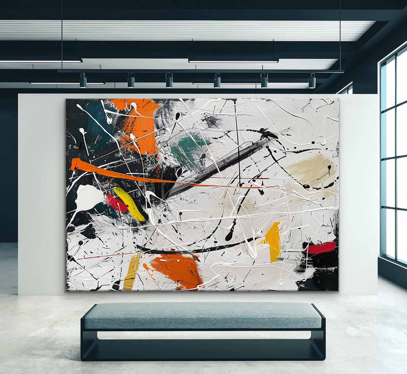 Large Orange and White Abstract Art for Sale Pollock Abstract Art Wall Decor Pollock Oil Painting