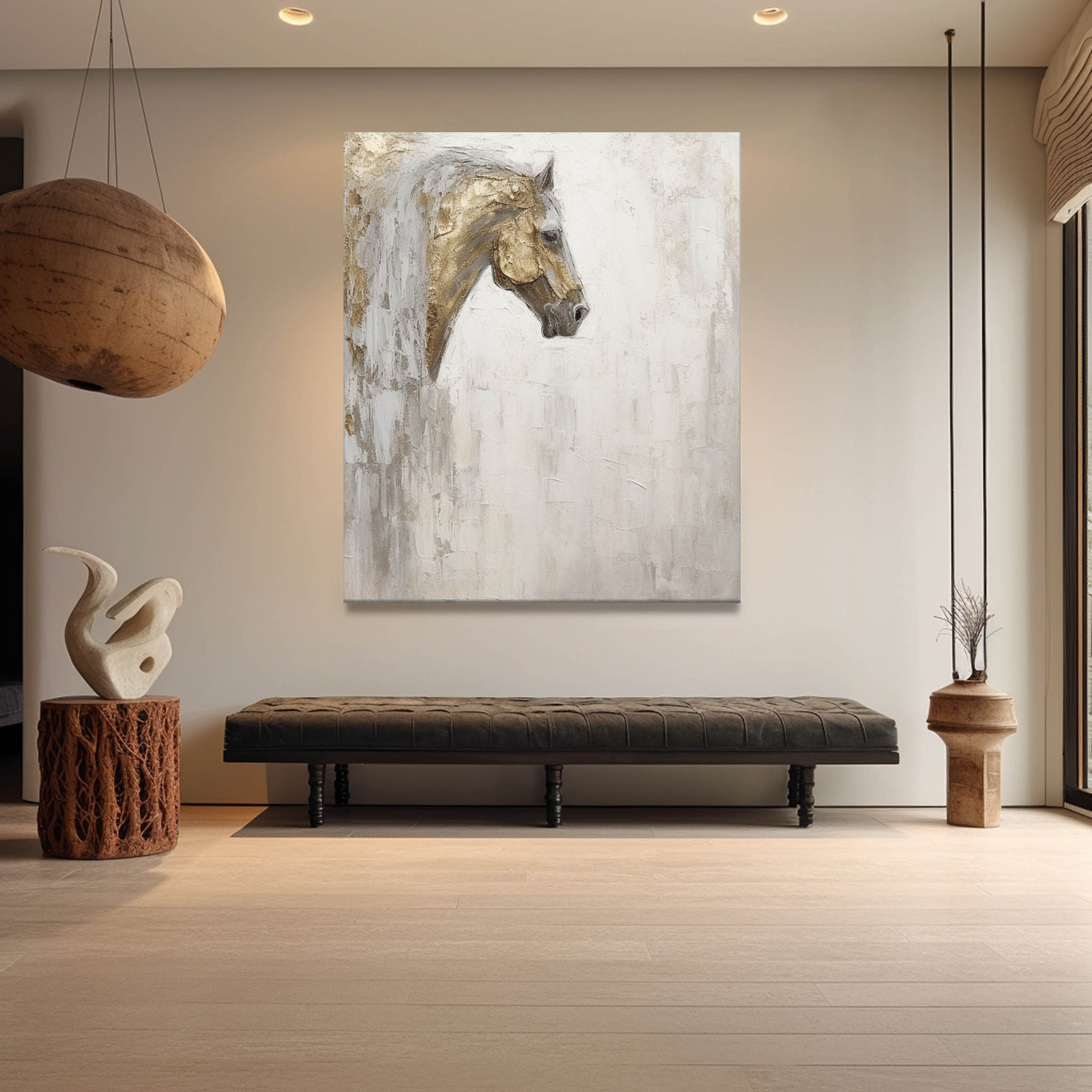 Large Horse Texture Painting Gold and Gray Horse Canvas Art Wabi-Sabi ...