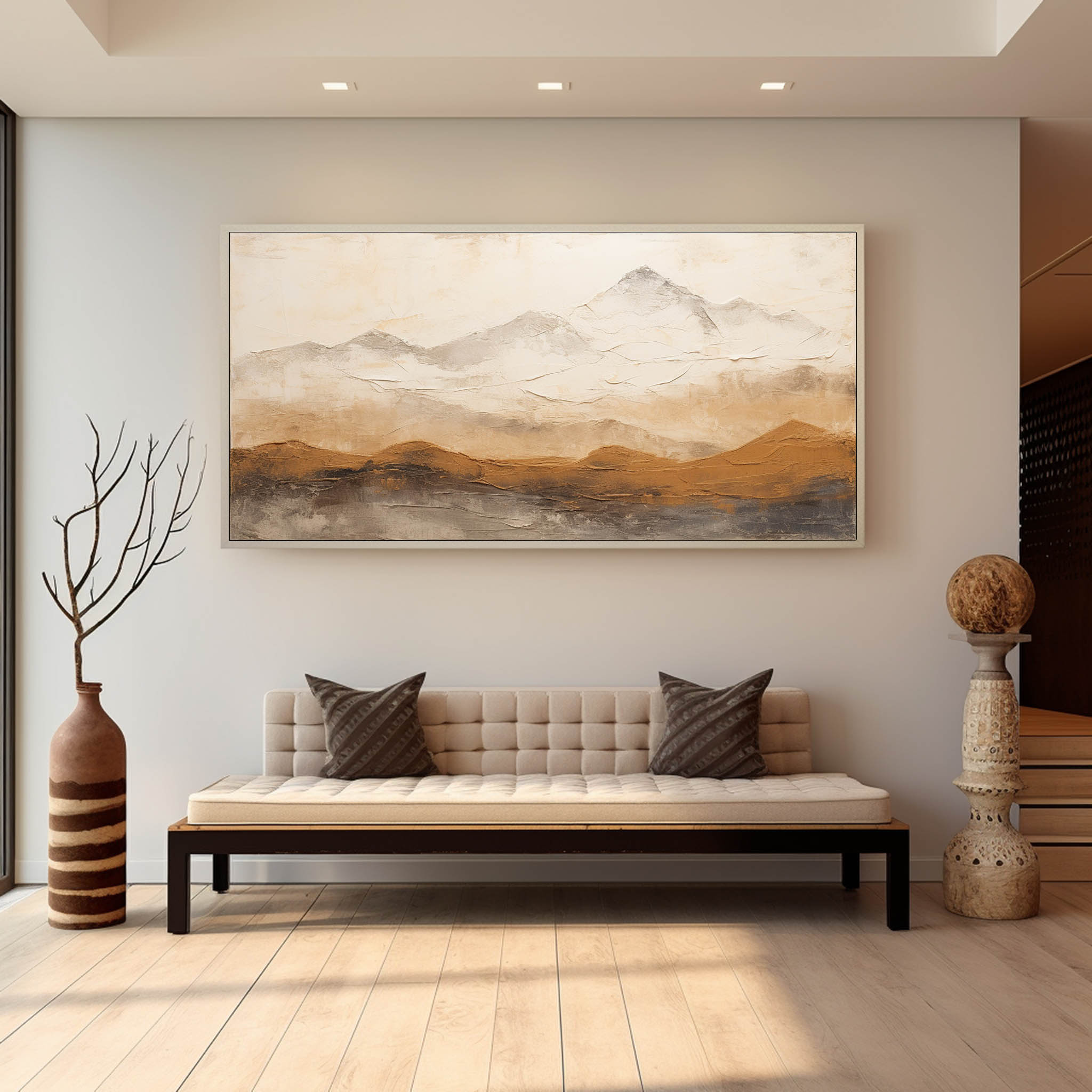 Large Brown and Beige Abstract Mountain Oil Painting Wabi-Sabi Art Mountain Texture Canvas Wall Art