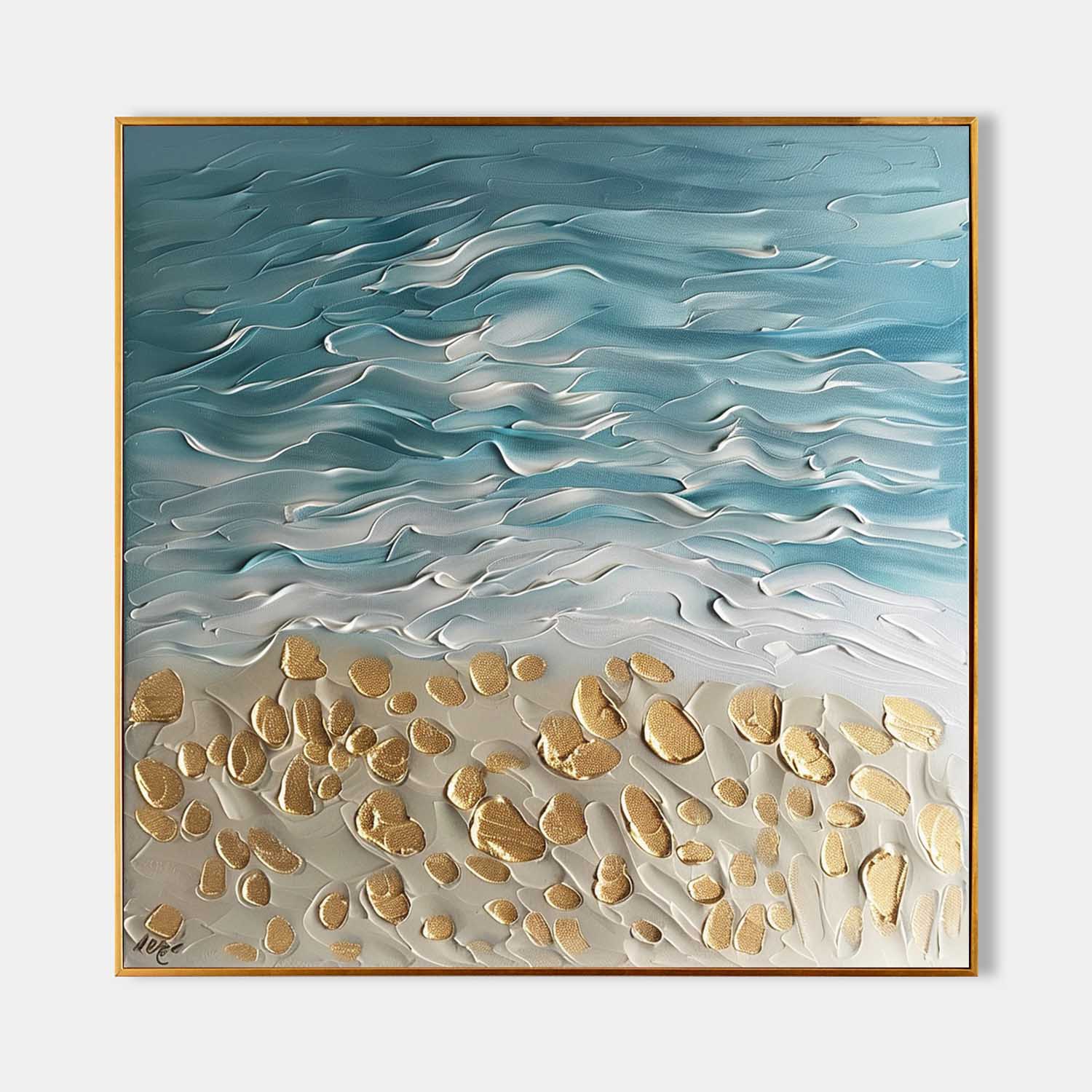 Gold Coast Beach Oil Painting Golden Beach Canvas Wall Art Blue Wave Beach Texture Painting