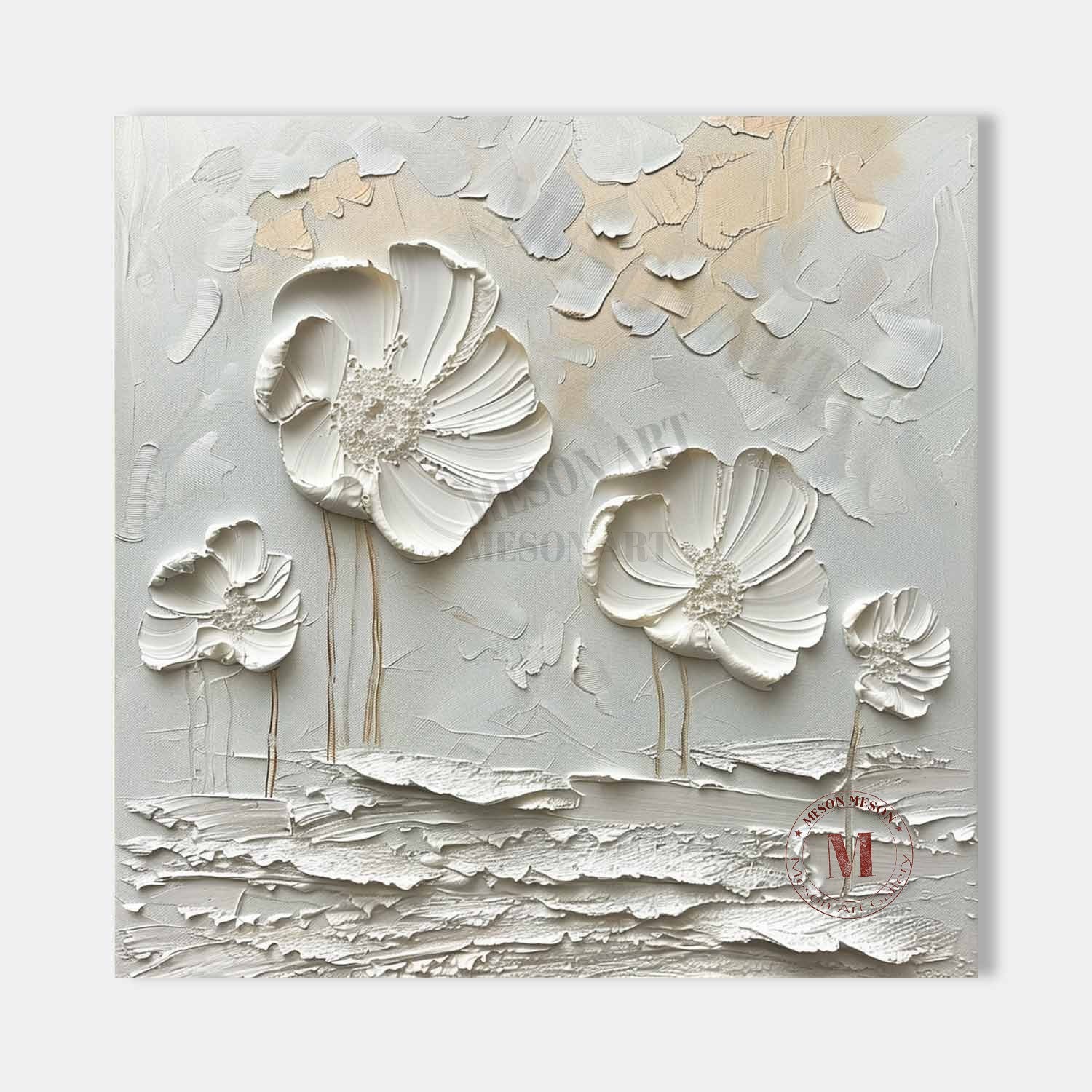 White floral plaster art canvas White Flowers plaster texture painting White floral texture wall art