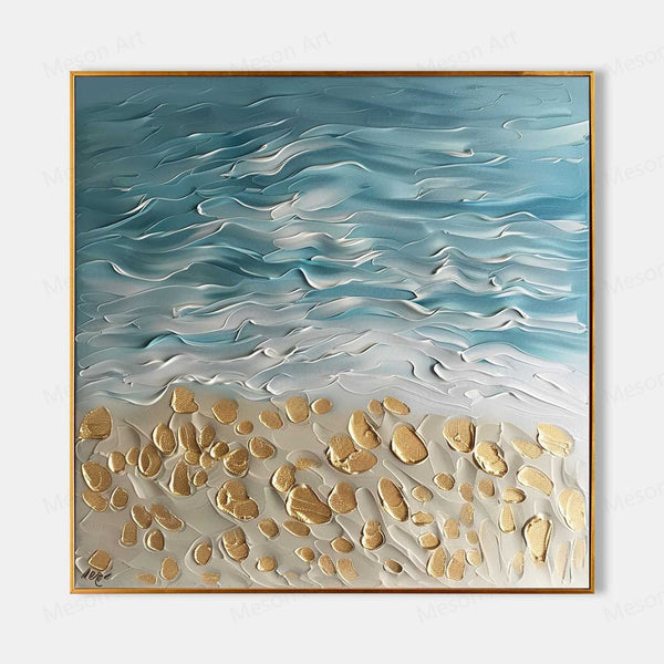 Golden Coast Beach Oil Painting Golden Beach Canvas Wall Art Blue Wave Beach Texture Painting
