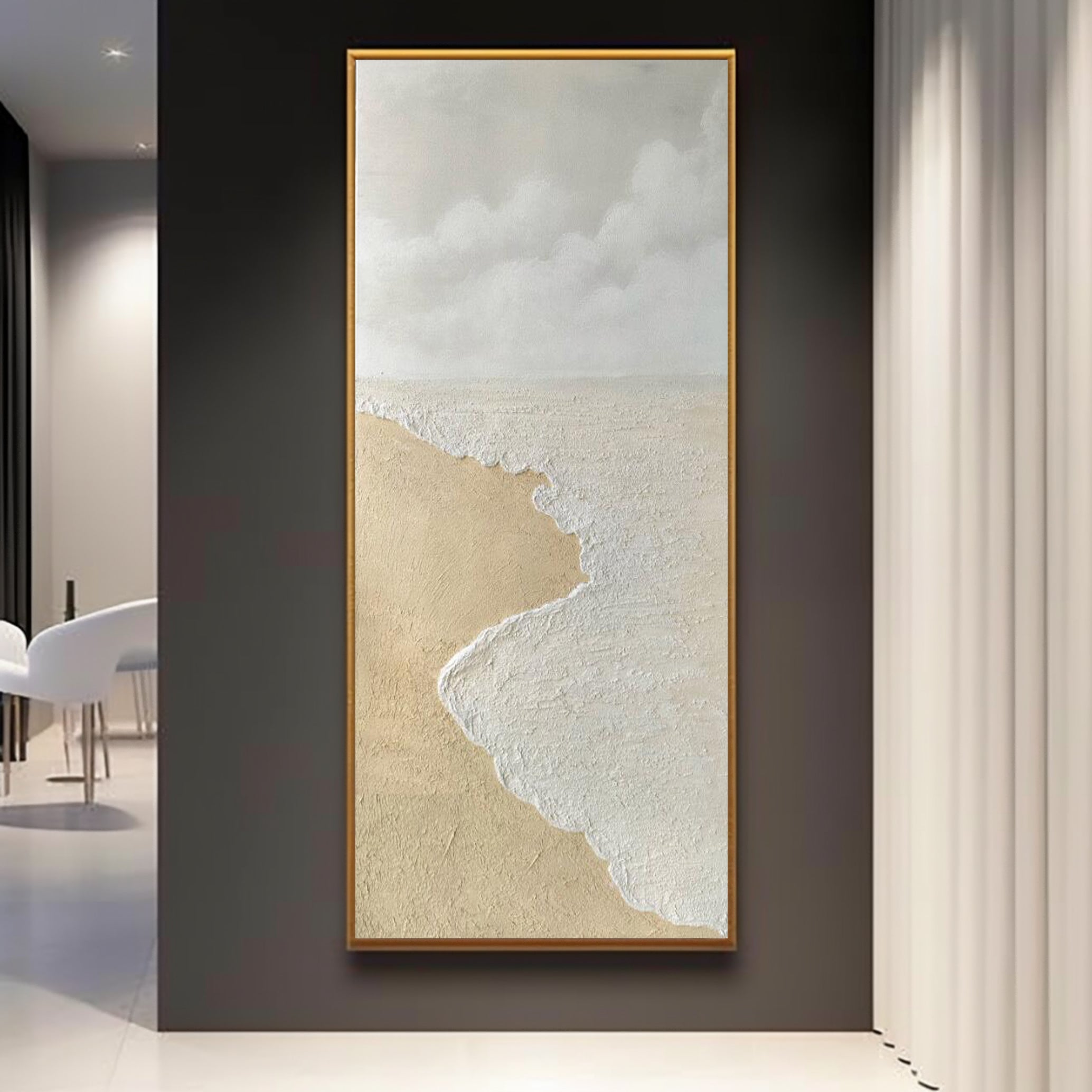 Large Wave Beach Texture Painting Beige and White Textured Canvas Art Wave Beach Wall Art