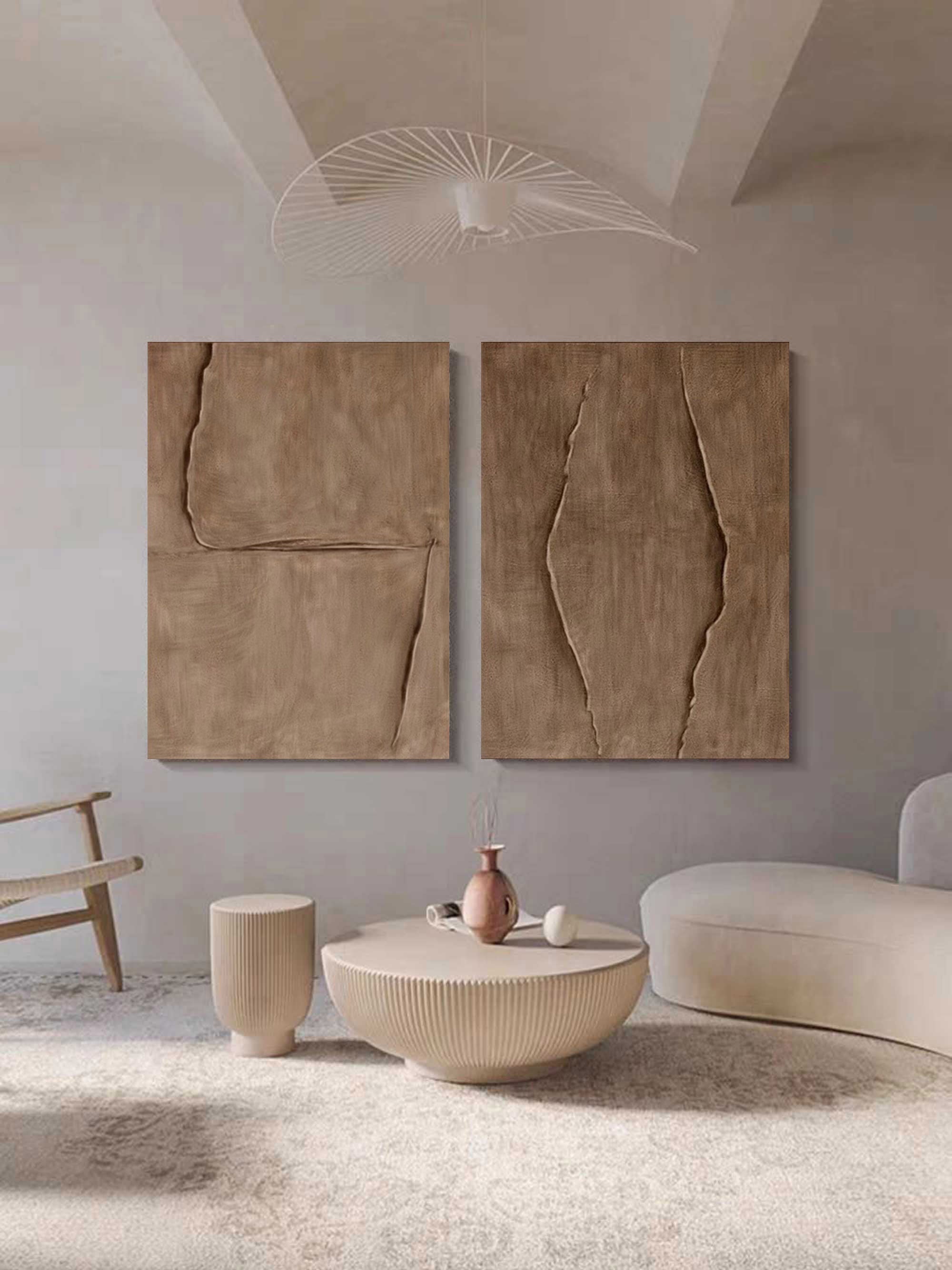 Brown Canvas Art On Canvas Set Of 2 Wabi Sabi Wall Art 3D Brown Textured Painting Brown Minimal Art