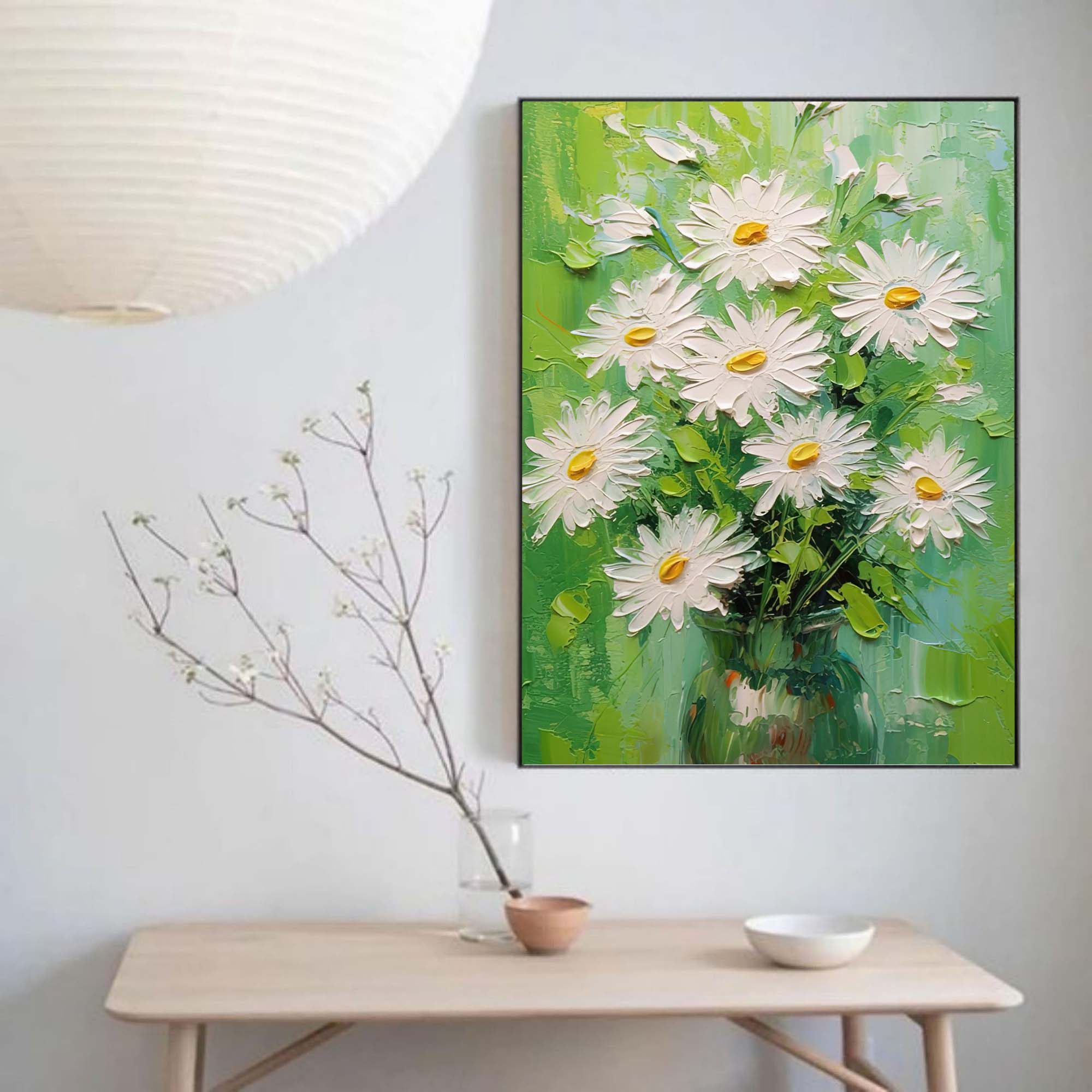 White Flowers Oil Paintings For Sale Green And White Vase Canvas Art ...