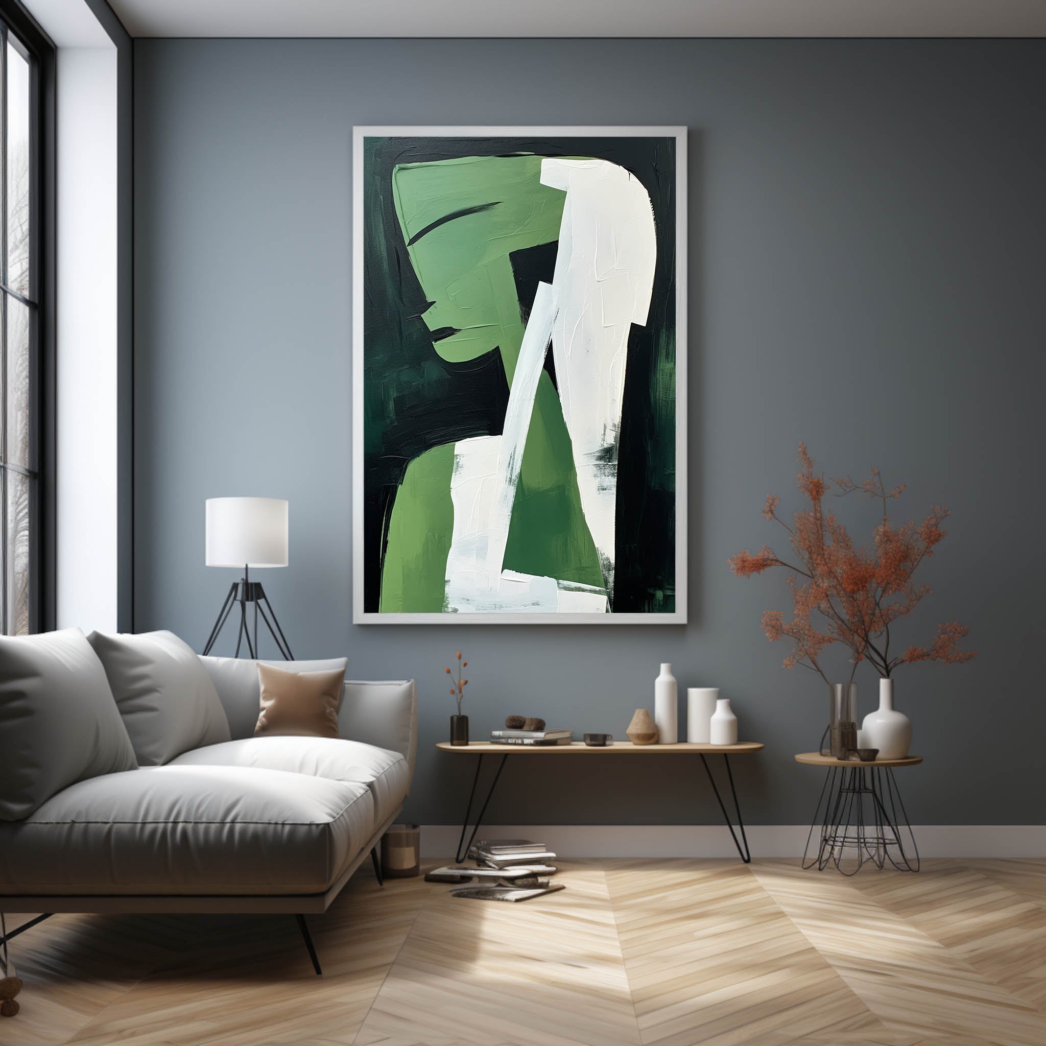 Green and White Girl Oil Painting Green and White Abstract Art on Canvas On Sale Minimalist Wall Art