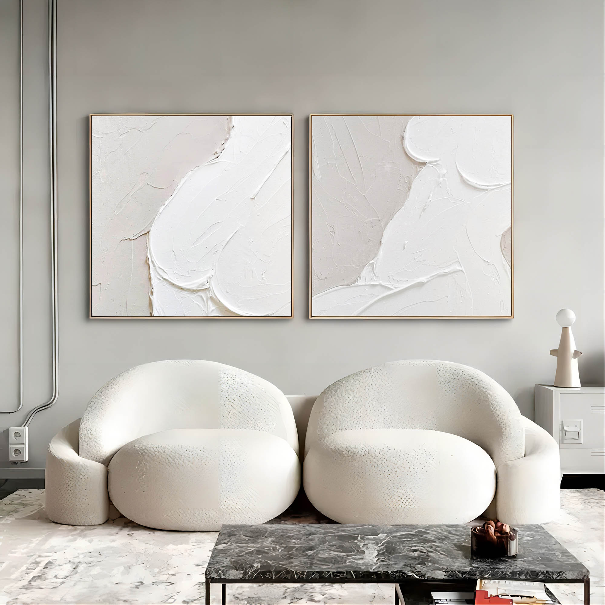 White Abstract Nude Painting Set of 2 White Textured Abstract Art Canvas White Minimalist Painting