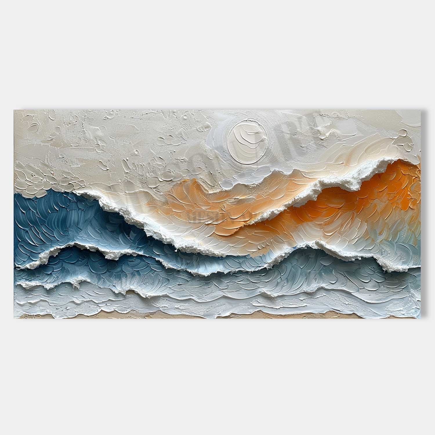 Large 3D Sunrise Sea Texture Painting on Canvas Sunrise Waves Texture Wall Art Blue and Orange Sea Painting