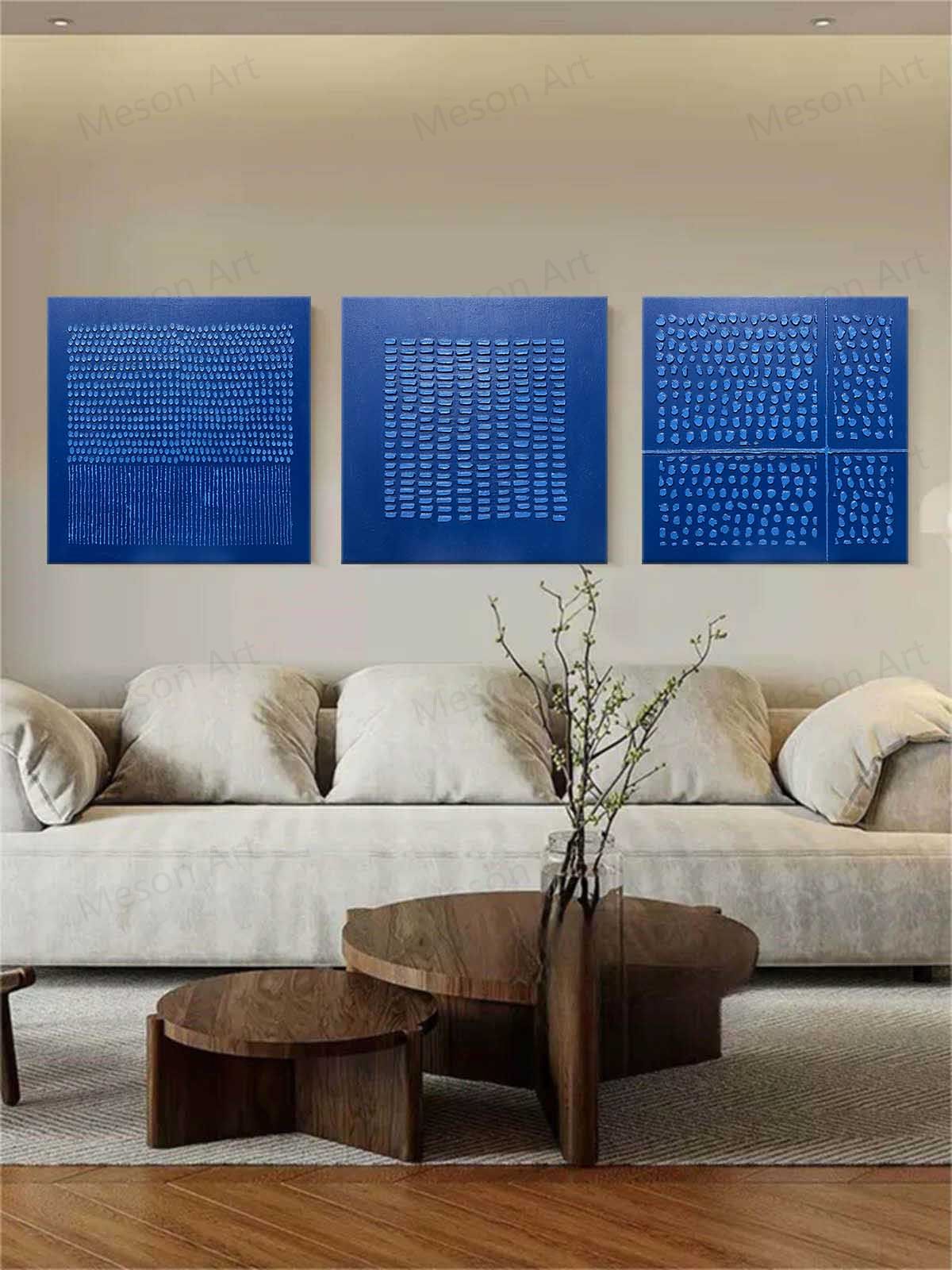 Large Blue Abstract Oil Painting Art Set of 3 for Sale Blue Abstract ...