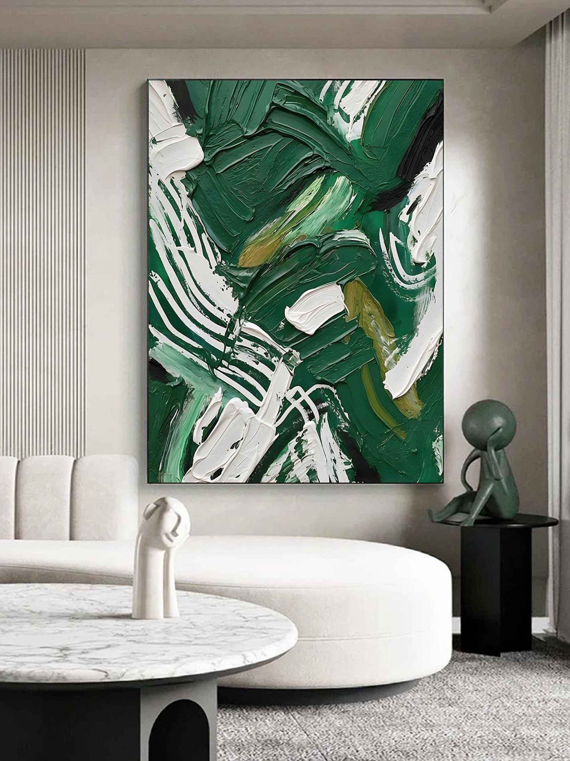 Large Green and White Abstract Oil Painting Green Textured Wall Art Green Oil Paintings for Sale