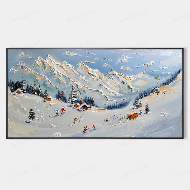 Large Snow Mountain Resort Landscape Oil Painting Snow Mountain Resort Canvas Wall Art Decoration