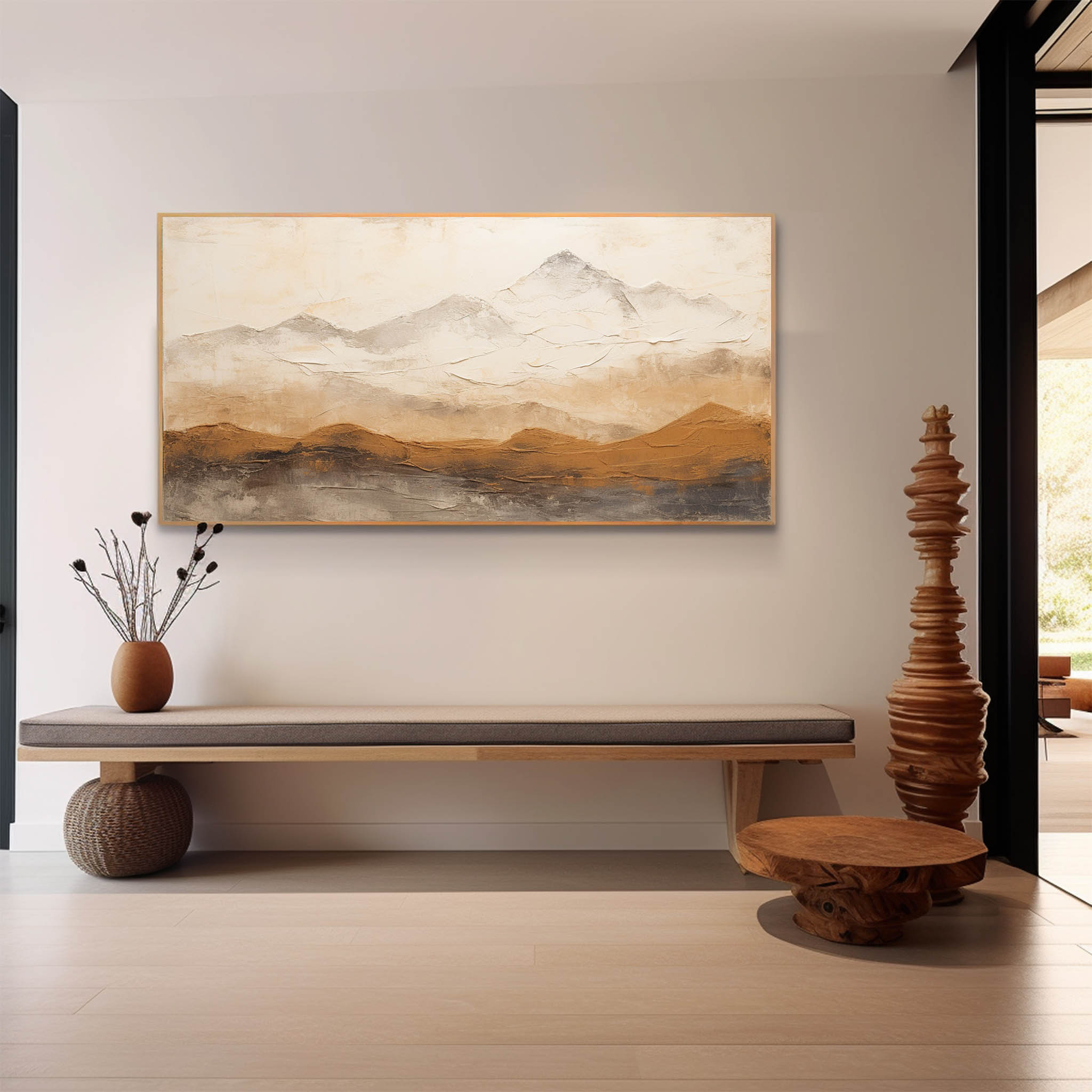 Large Brown and Beige Abstract Mountain Oil Painting Wabi-Sabi Art Mountain Texture Canvas Wall Art