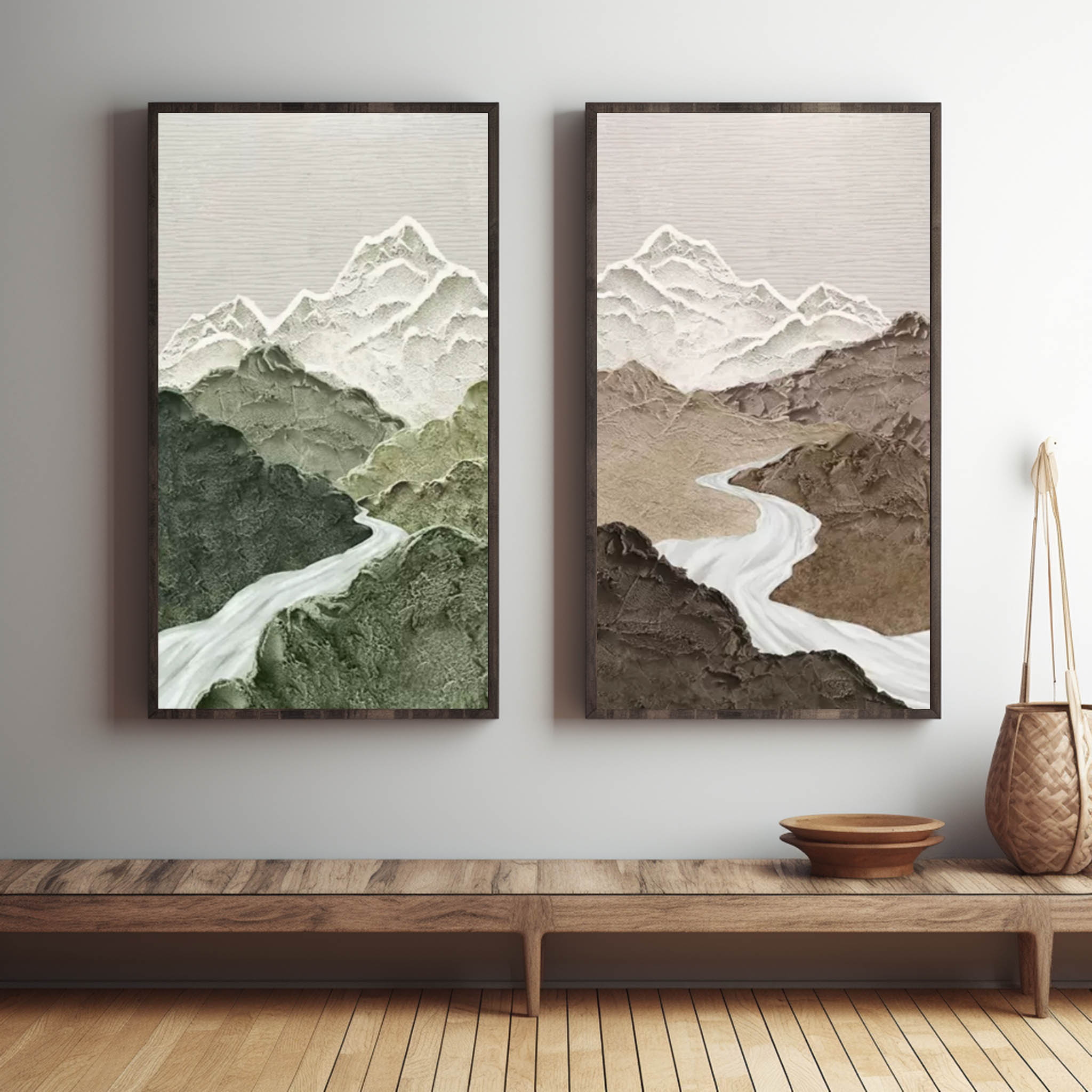 Brown Mountains Landscape Texture Painting Set of 2 Brown Mountains Abstract Wall Art Wabi-sabi Art