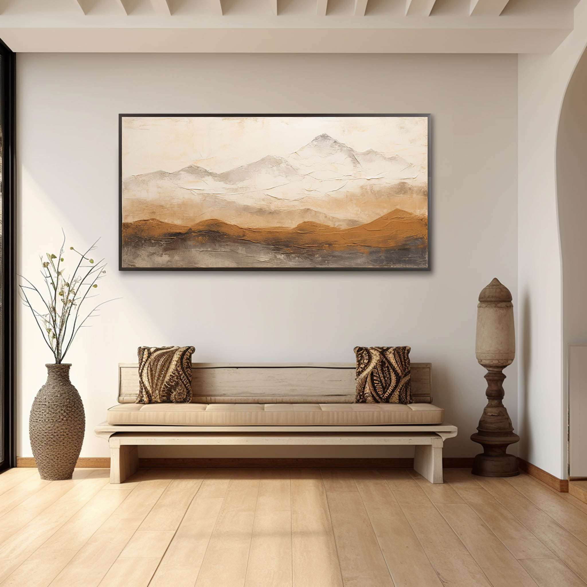 Large Brown and Beige Abstract Mountain Oil Painting Wabi-Sabi Art Mountain Texture Canvas Wall Art