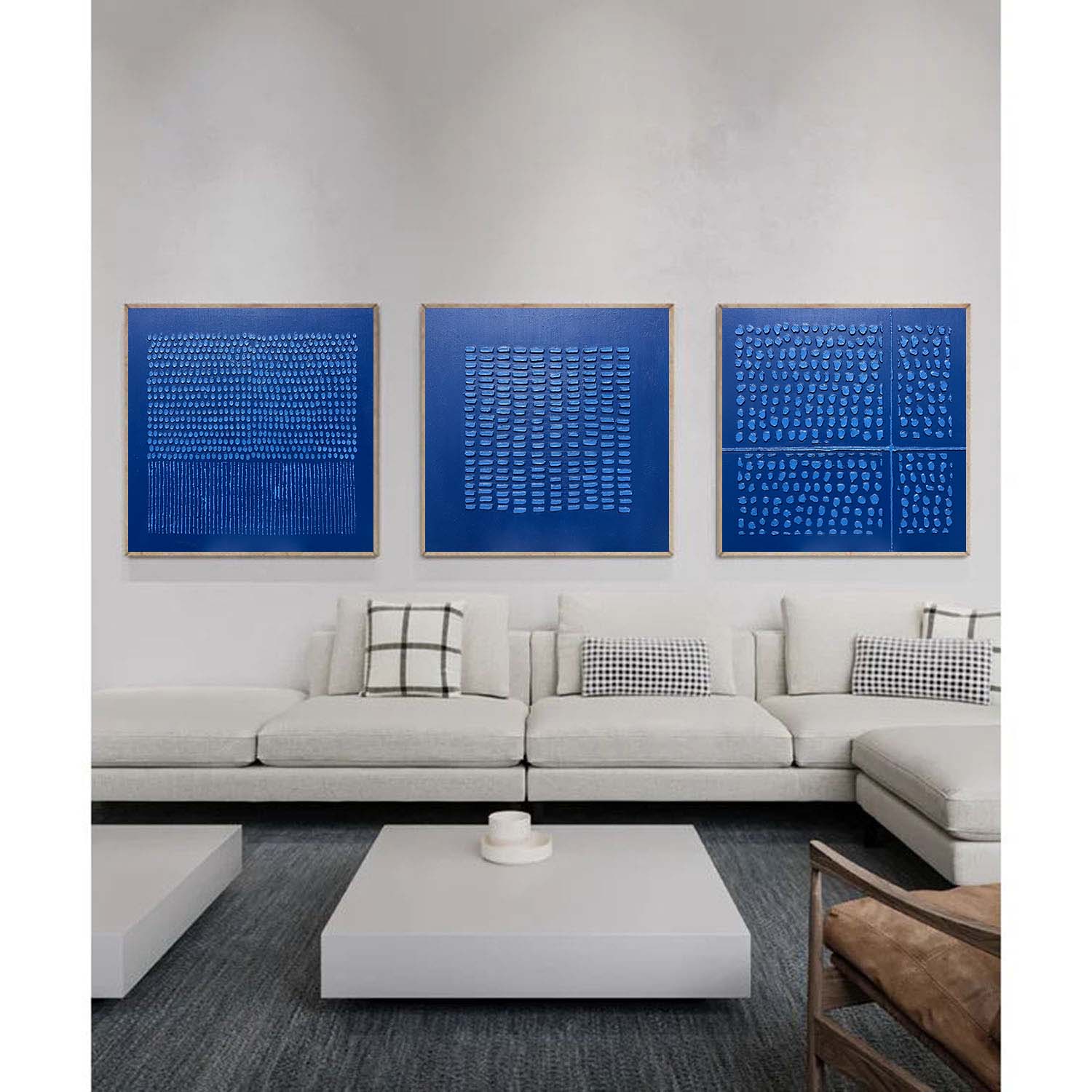 Large Blue Abstract Oil Painting Art Set of 3 for Sale Blue Abstract Textured Painting Blue Minimalistic Wall Art