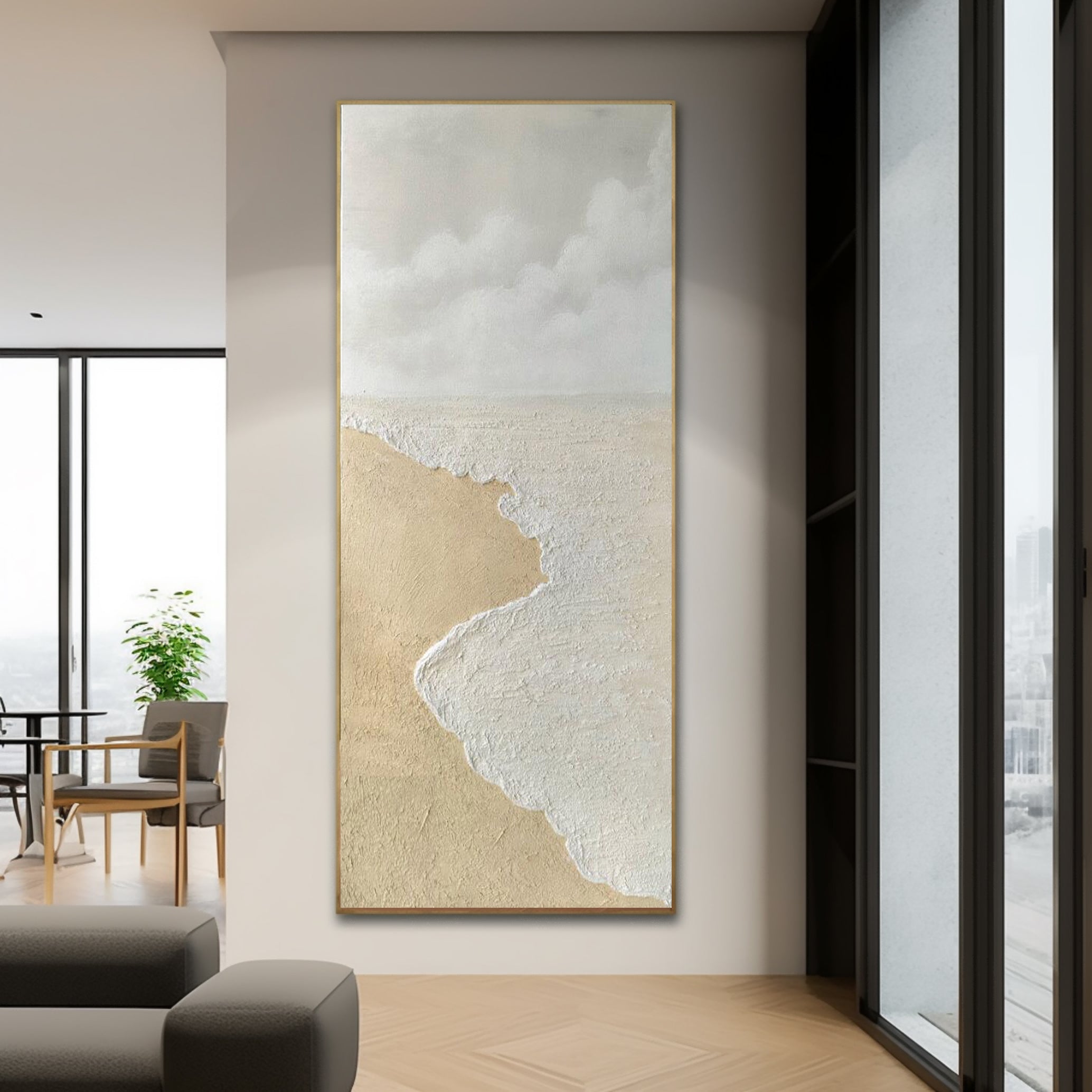 Large Wave Beach Texture Painting Beige and White Textured Canvas Art Wave Beach Wall Art