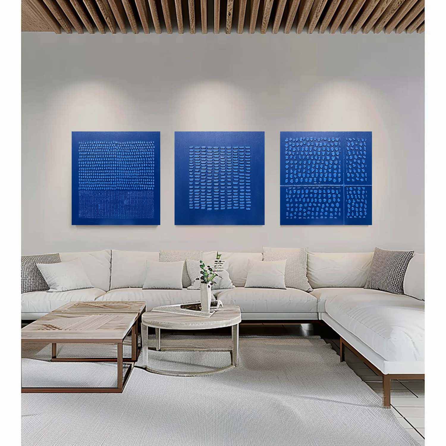 Large Blue Abstract Oil Painting Art Set of 3 for Sale Blue Abstract Textured Painting Blue Minimalistic Wall Art