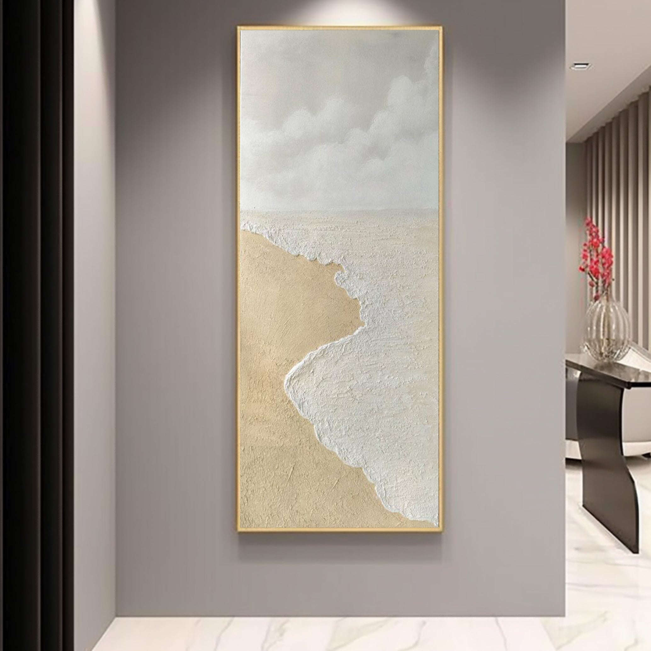 Large Wave Beach Texture Painting Beige and White Textured Canvas Art Wave Beach Wall Art