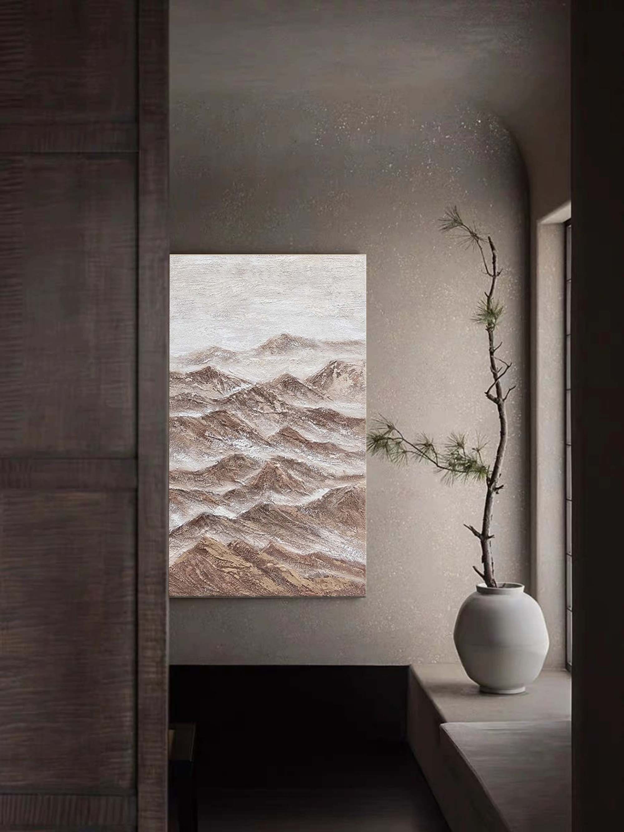 Brown Mountain Canvas Painting Earth Color Mountain Canvas Art Wabi Sabi Wall Art For Sale