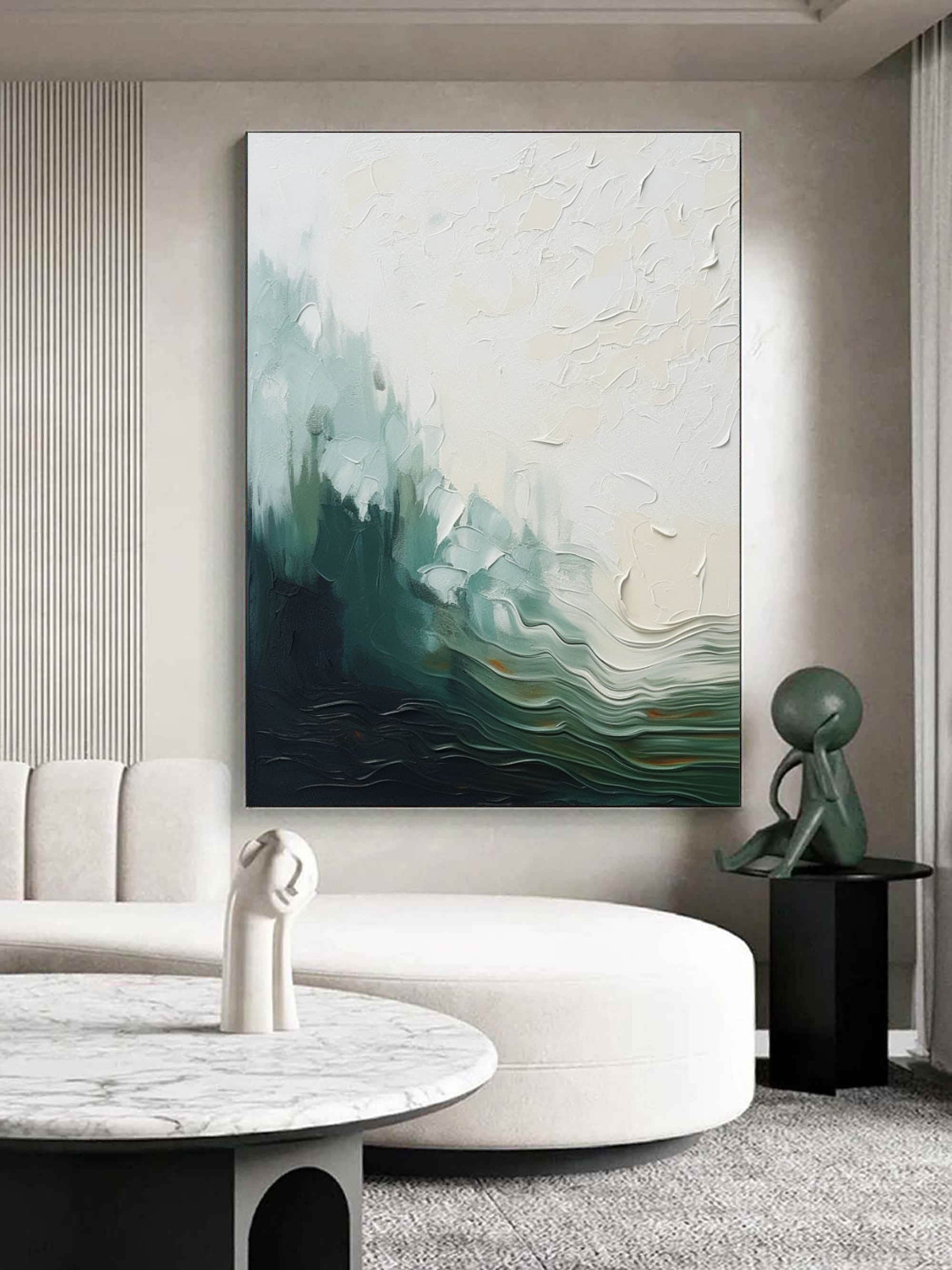 White and Dark Green Abstract Oil Painting White and Dark Green Abstract Textured Canvas Wall Art