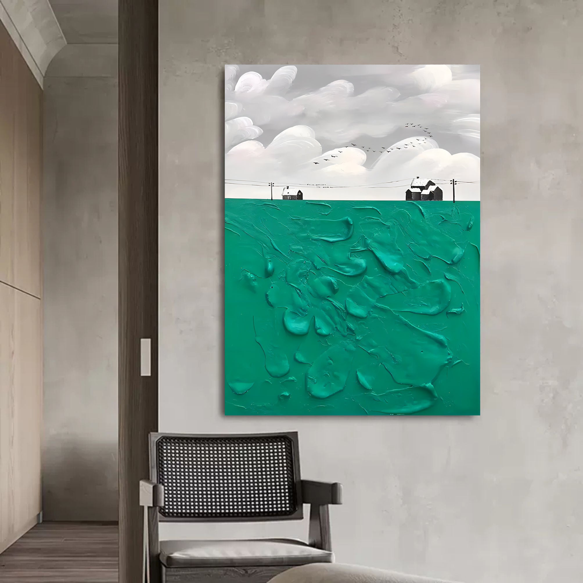 Green and White Canvas Painting Green Oil Painting Textured Wall Art Green Abstract Art 3D Plaster Art