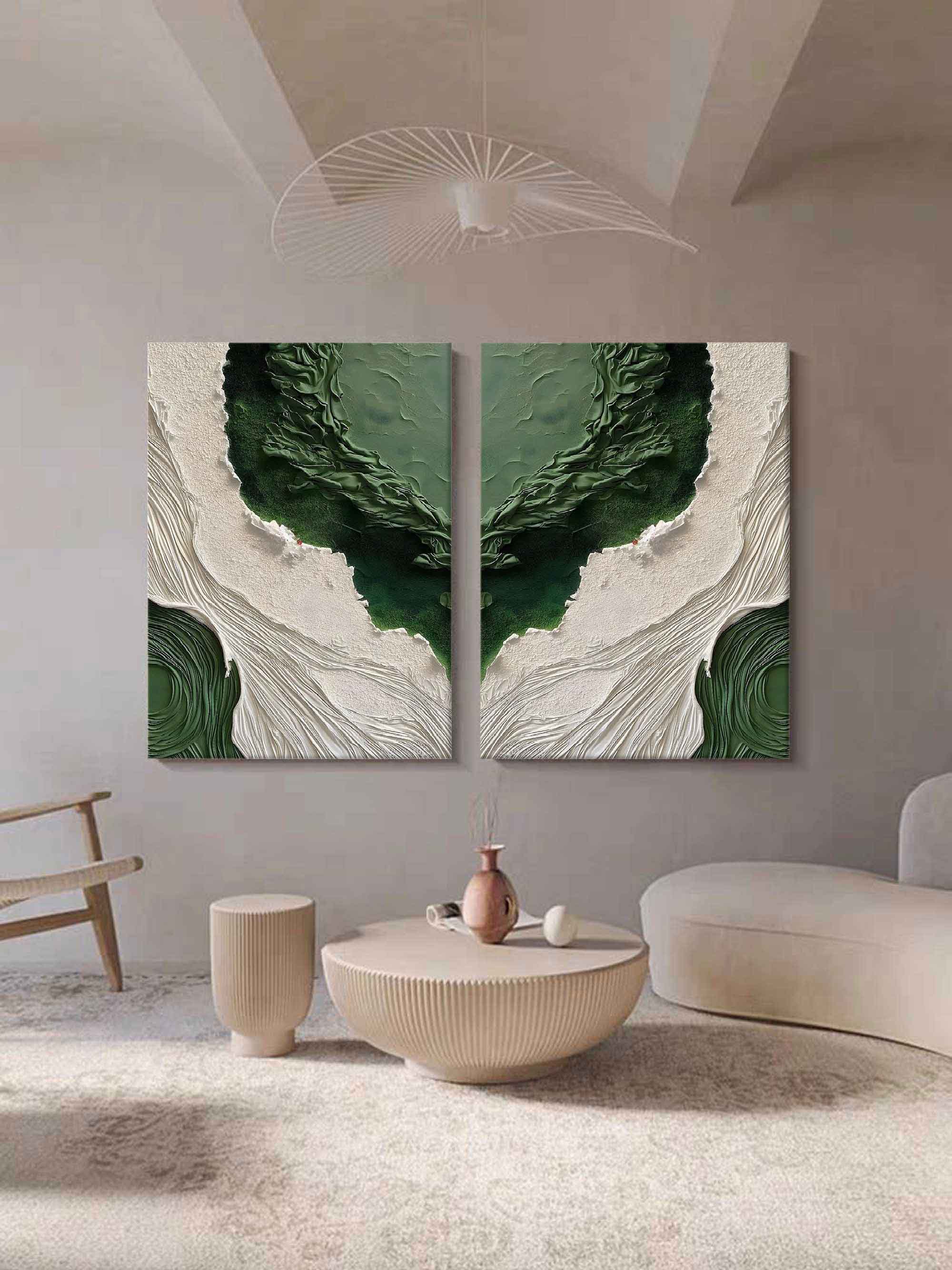 3D Green and White Textured Abstract Painting Set of 2 Green and White Canvas Art Plaster Wall Art