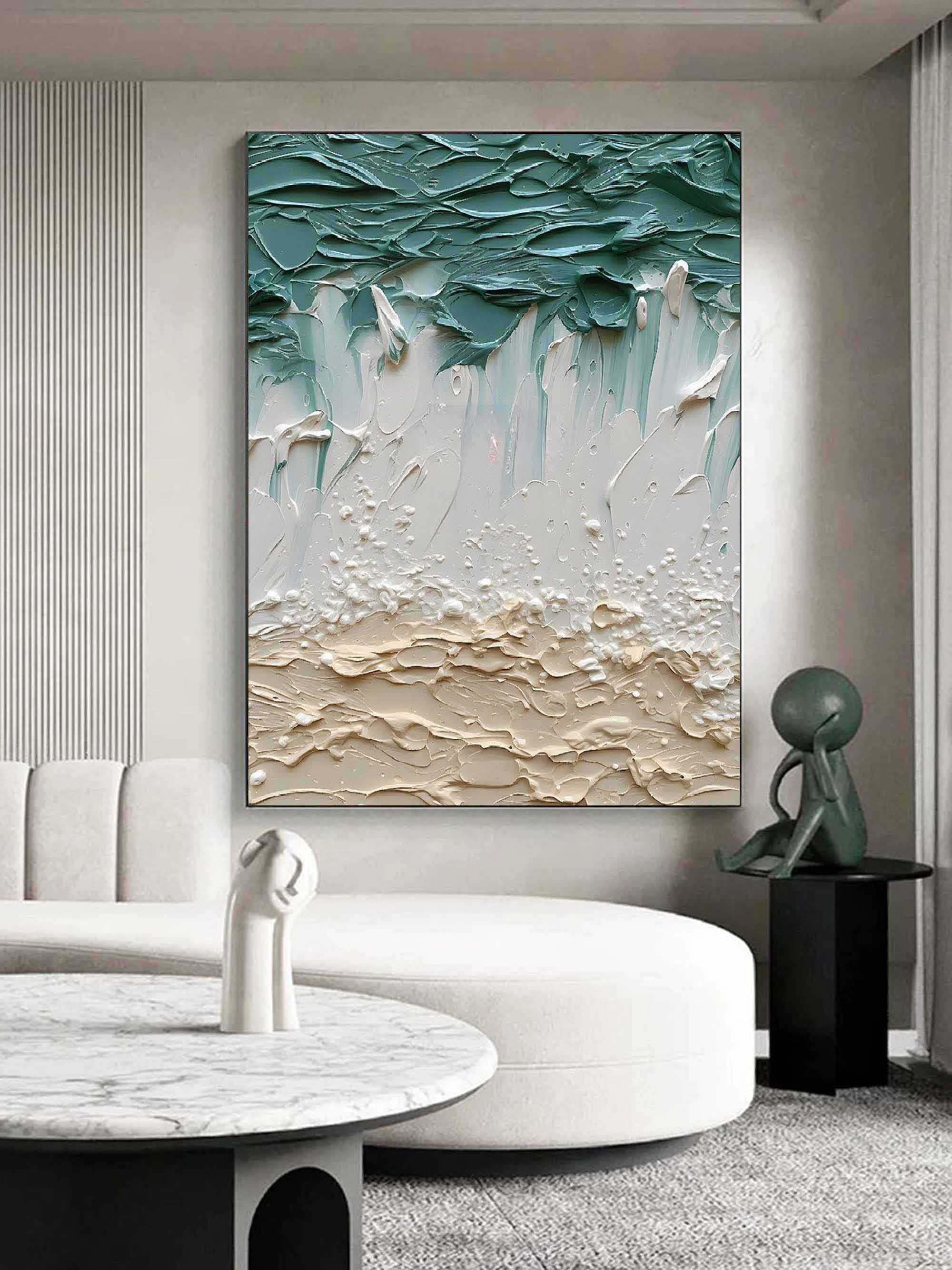 3D Green and White Canvas Art Thick Green and White Textured Abstract Painting Textured Wall Art