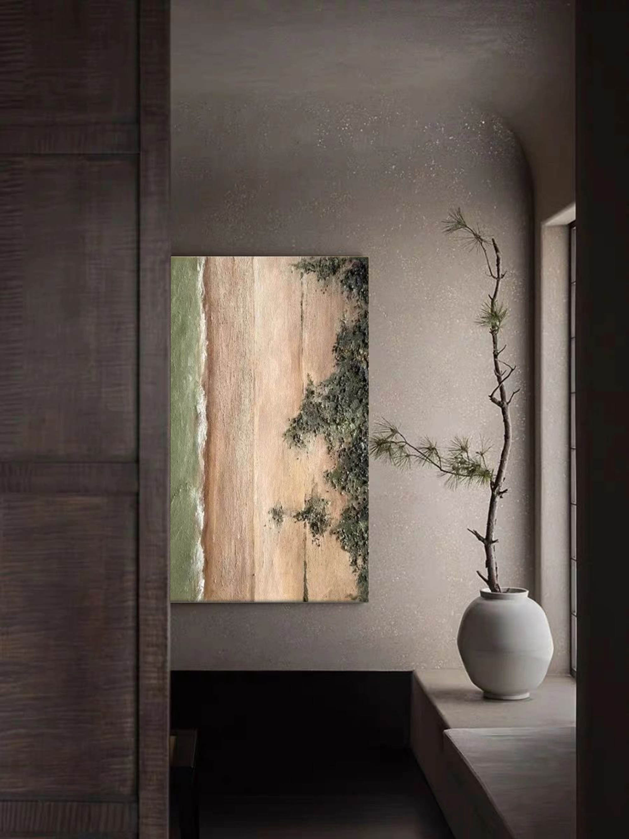 Green and Brown Abstract Canvas Painting for Sale Wabi Sabi Home Wall Decor Minimalist Canvas Art