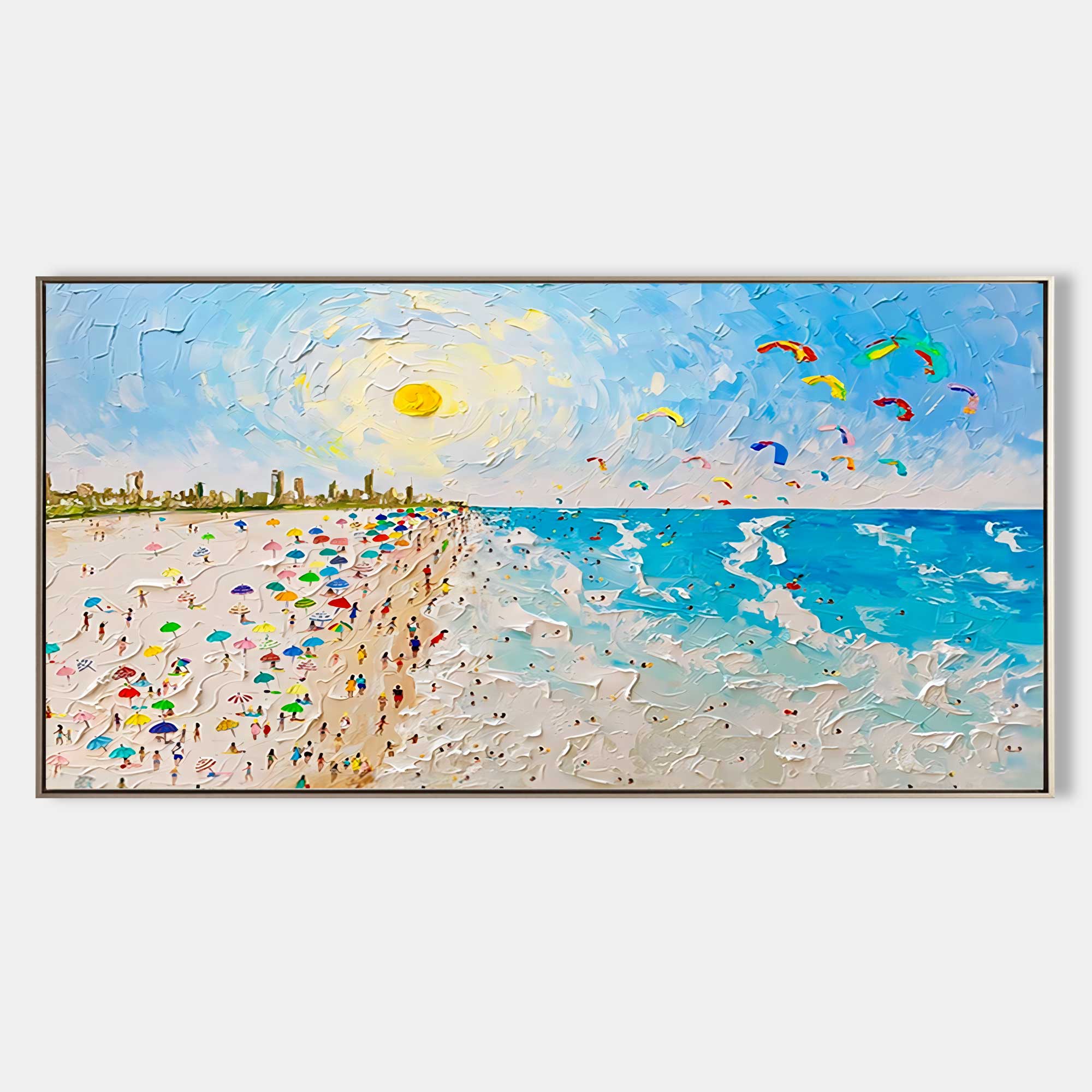 Sunshine Beach Ocean Waves Palette Knife Painting Texture Canvas Art Summer Beach Scenery Wall Art