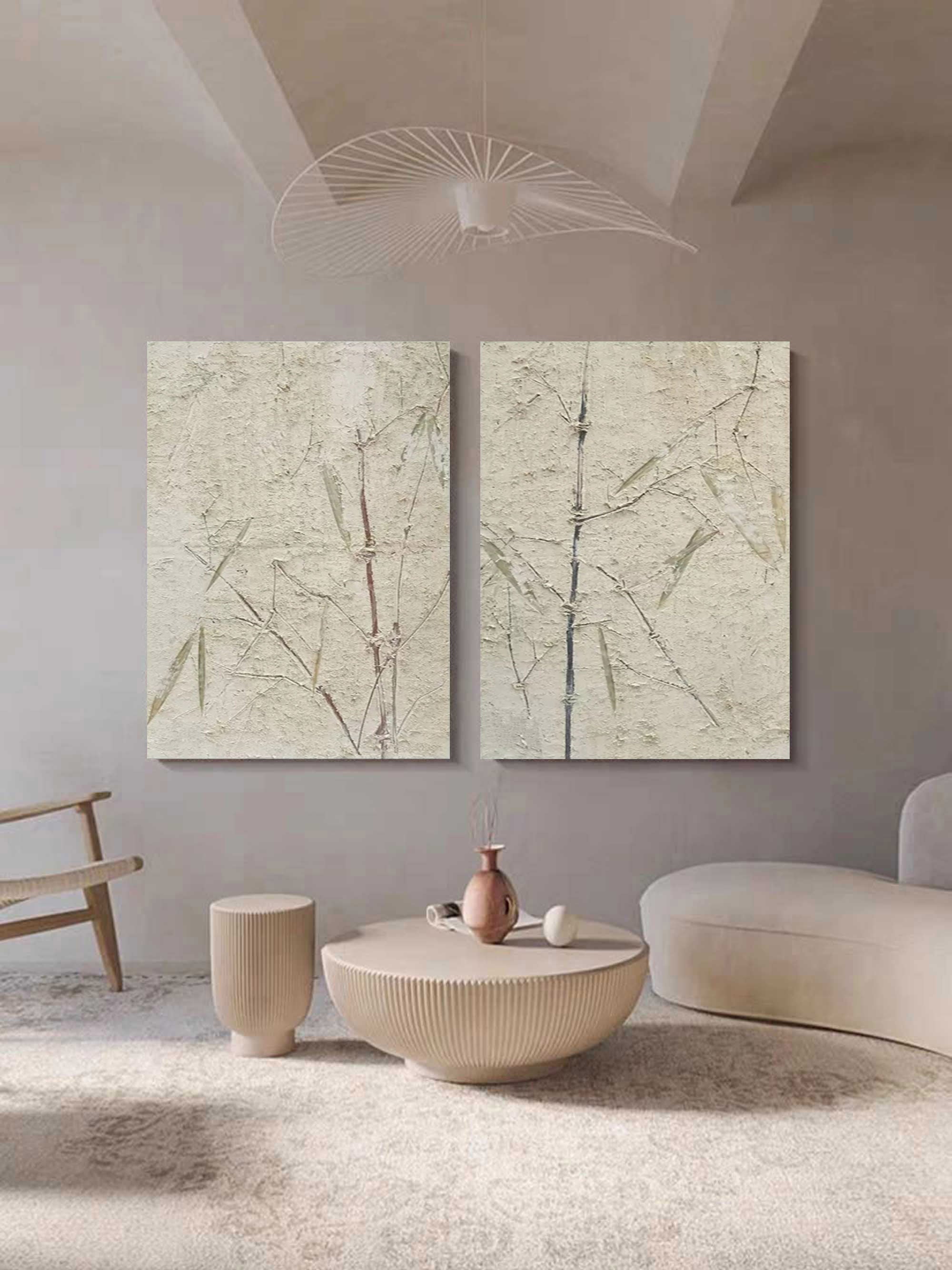 Wabi Sabi Wall Art Set Of 2 Beige Minimalist Art On Canvas Beige Texture Painting Bamboo Painting