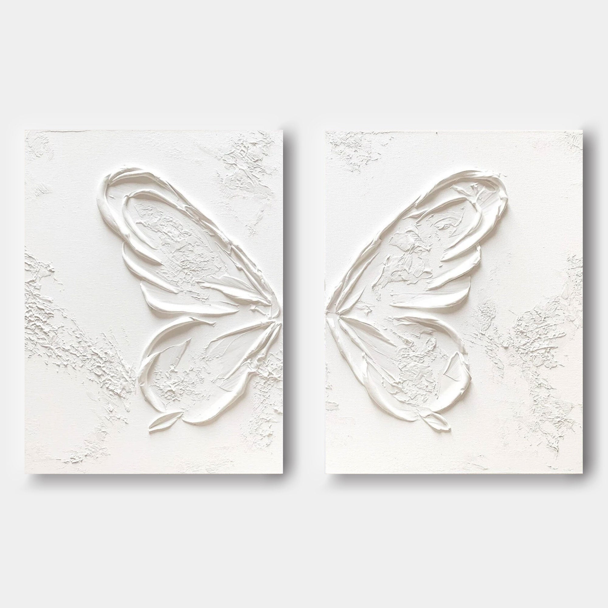 White Butterfly Texture Acrylic Canvas Painting Plaster Painting on Canvas Set of 2 Plaster Wall Art