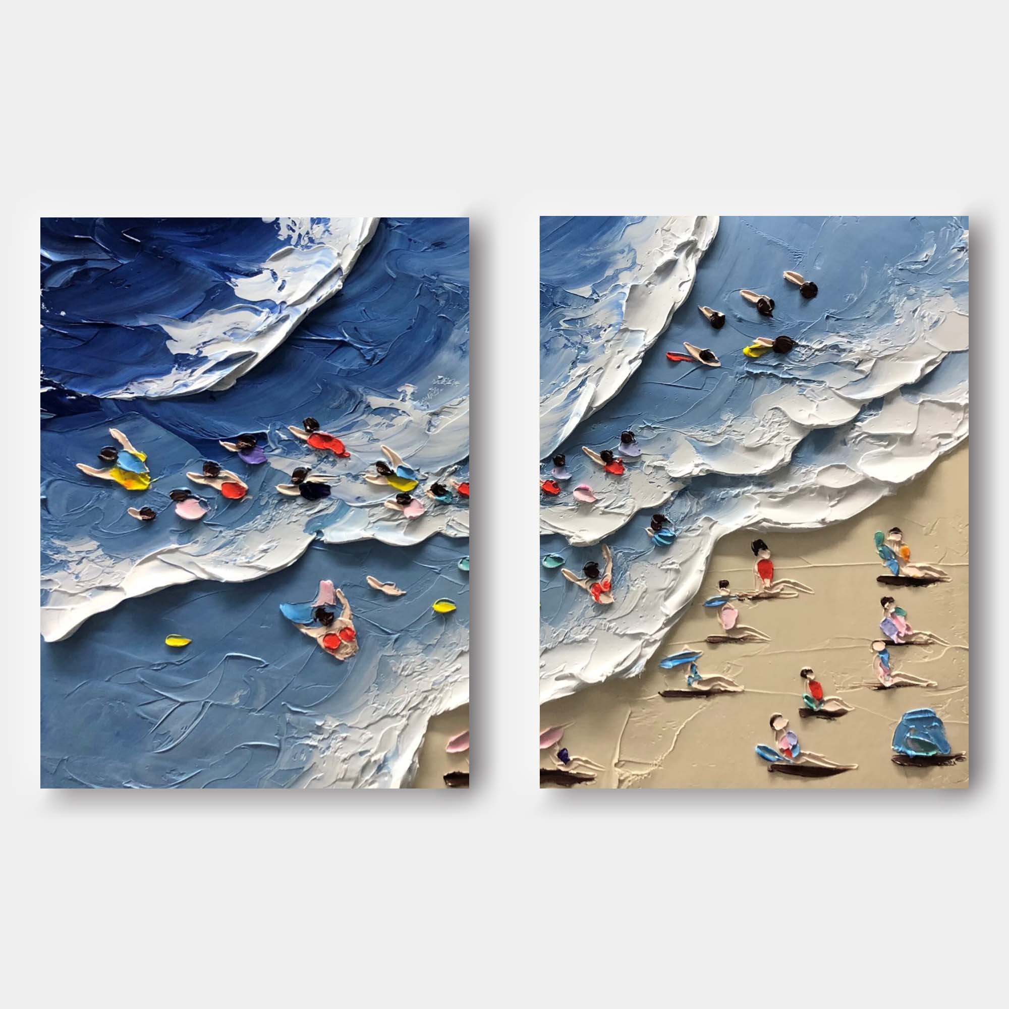 Large Seaside Beach Canvas Oil Painting Set of 2 Wave Beach Texture Wall Paintings For Sale