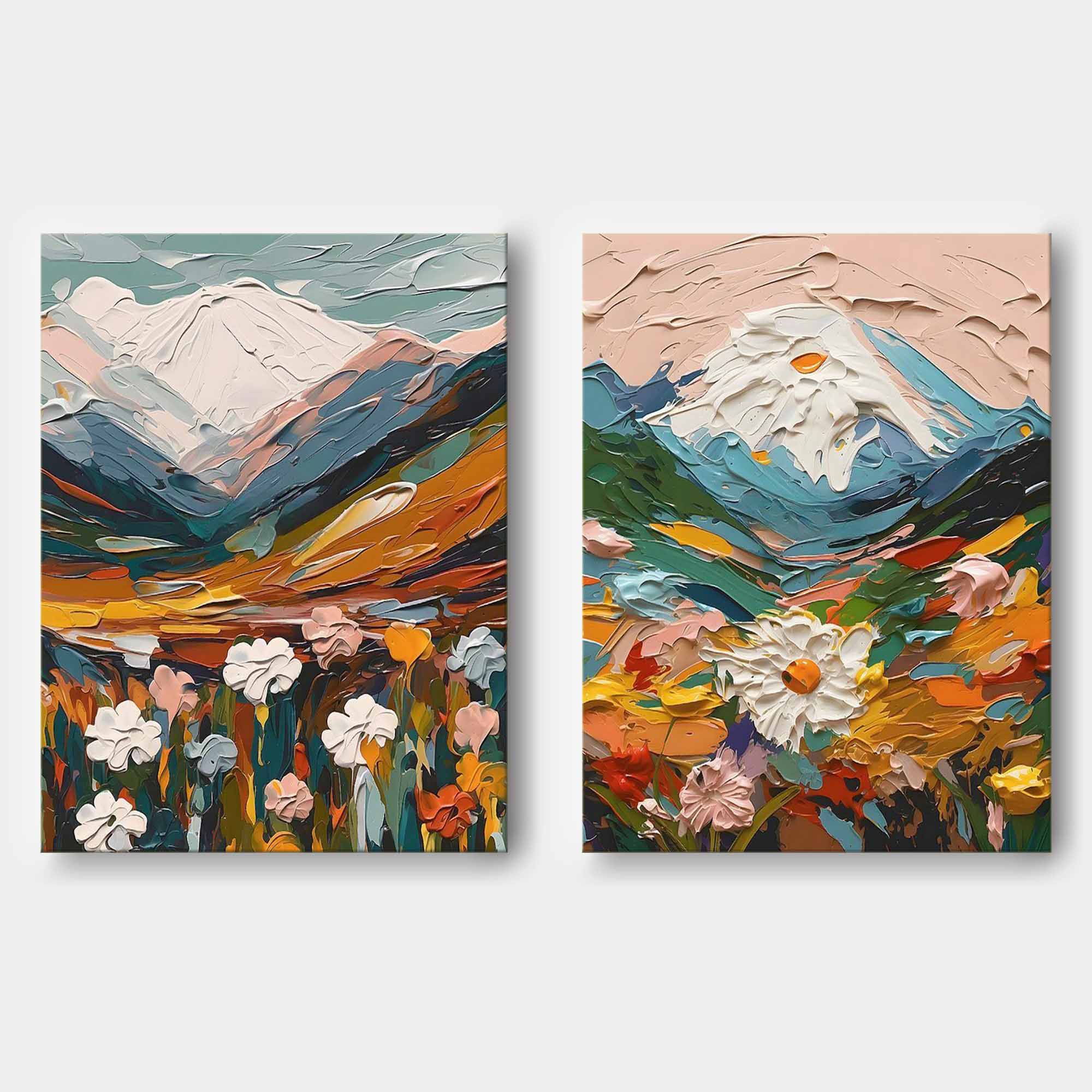 Thick Colorful Abstract Landscape Textured Oil Painting on Canvas Set of 2 flowers oil painting