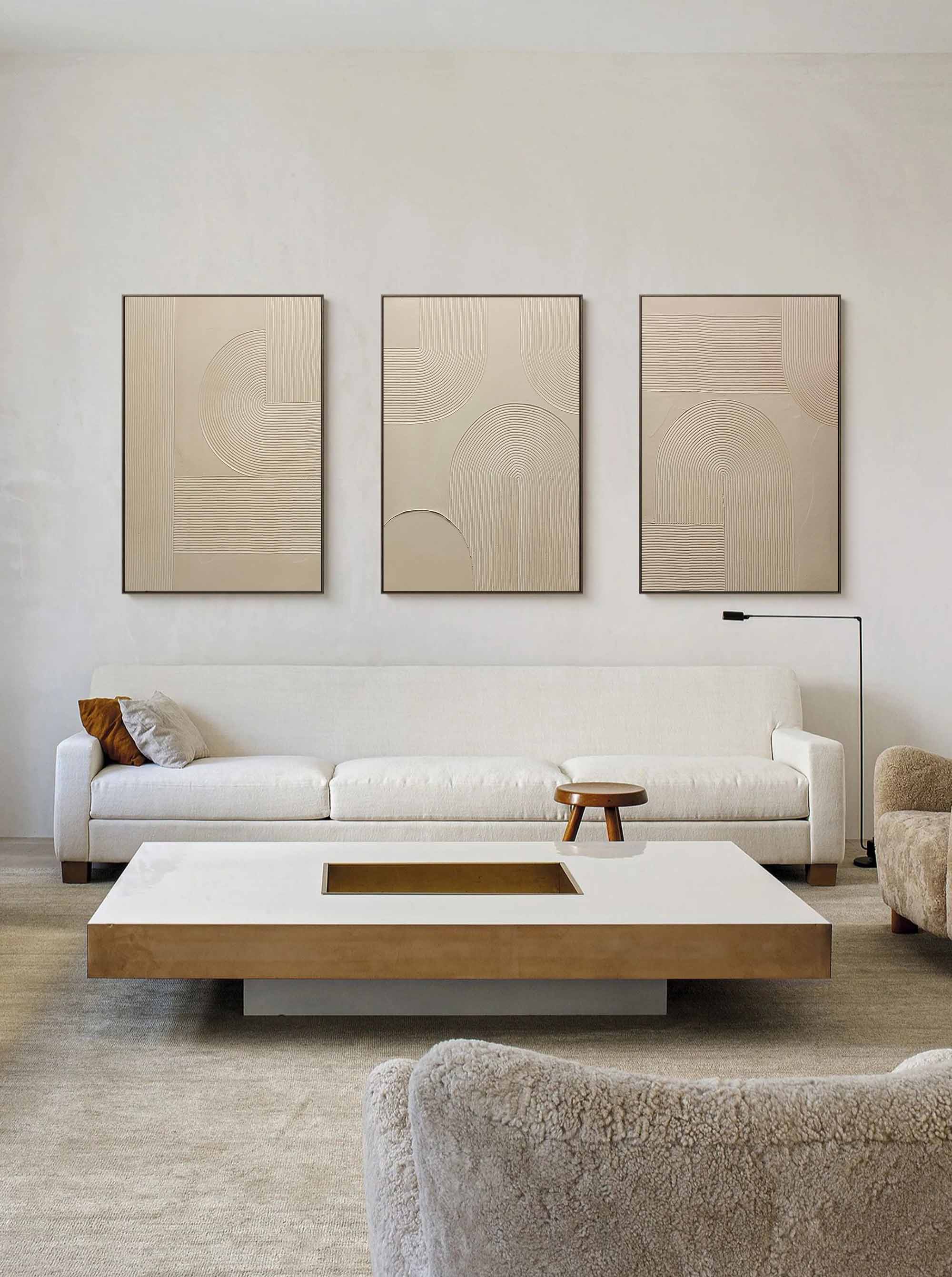 3D Beige Textured Abstract Canvas Art Set of 3 Beige Minimalist Paintings For Sale Textured Wall Art