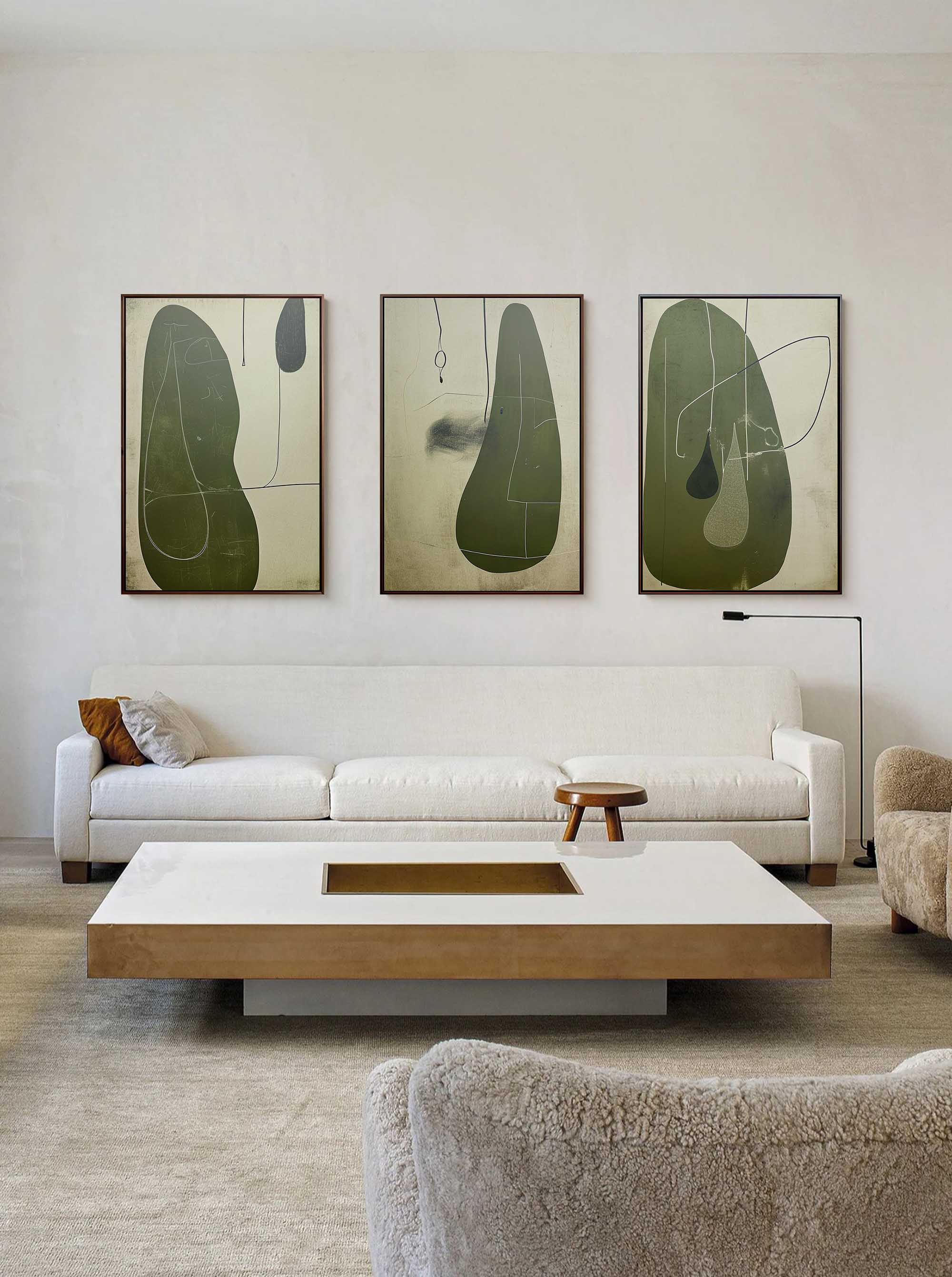 Green Contemporary Minimalist Art 3 Piece Set Wabi-Sabi Wall Art Green Abstract Canvas Art Set of 3