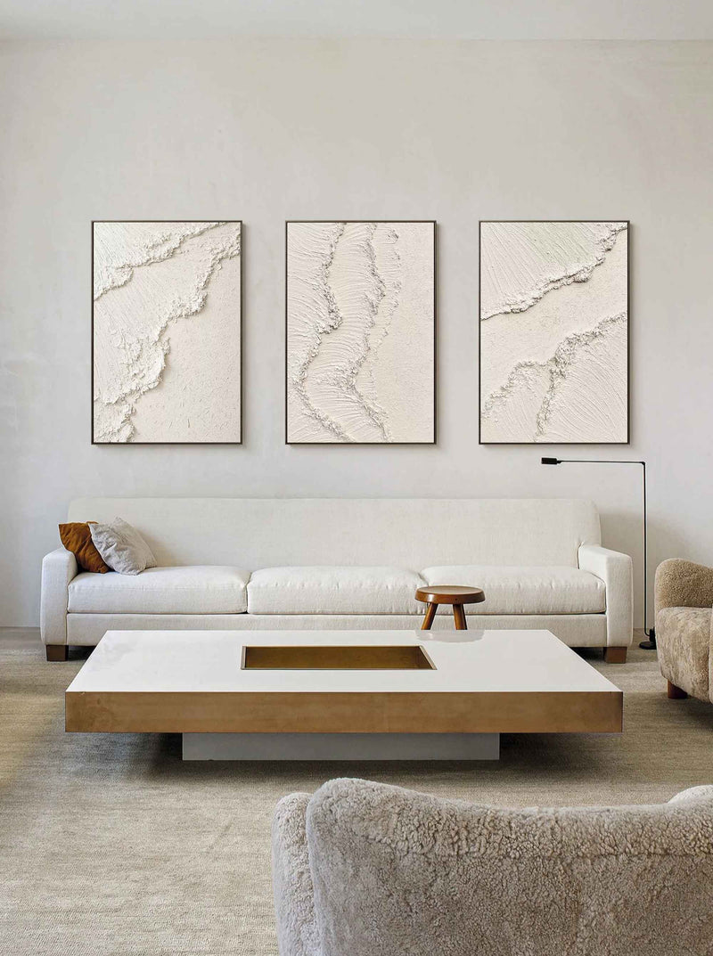 Beige Abstract Painting Set of 3 Thick Acrylic Textured Canvas Art Wabi Sabi Art Plaster Wall Art