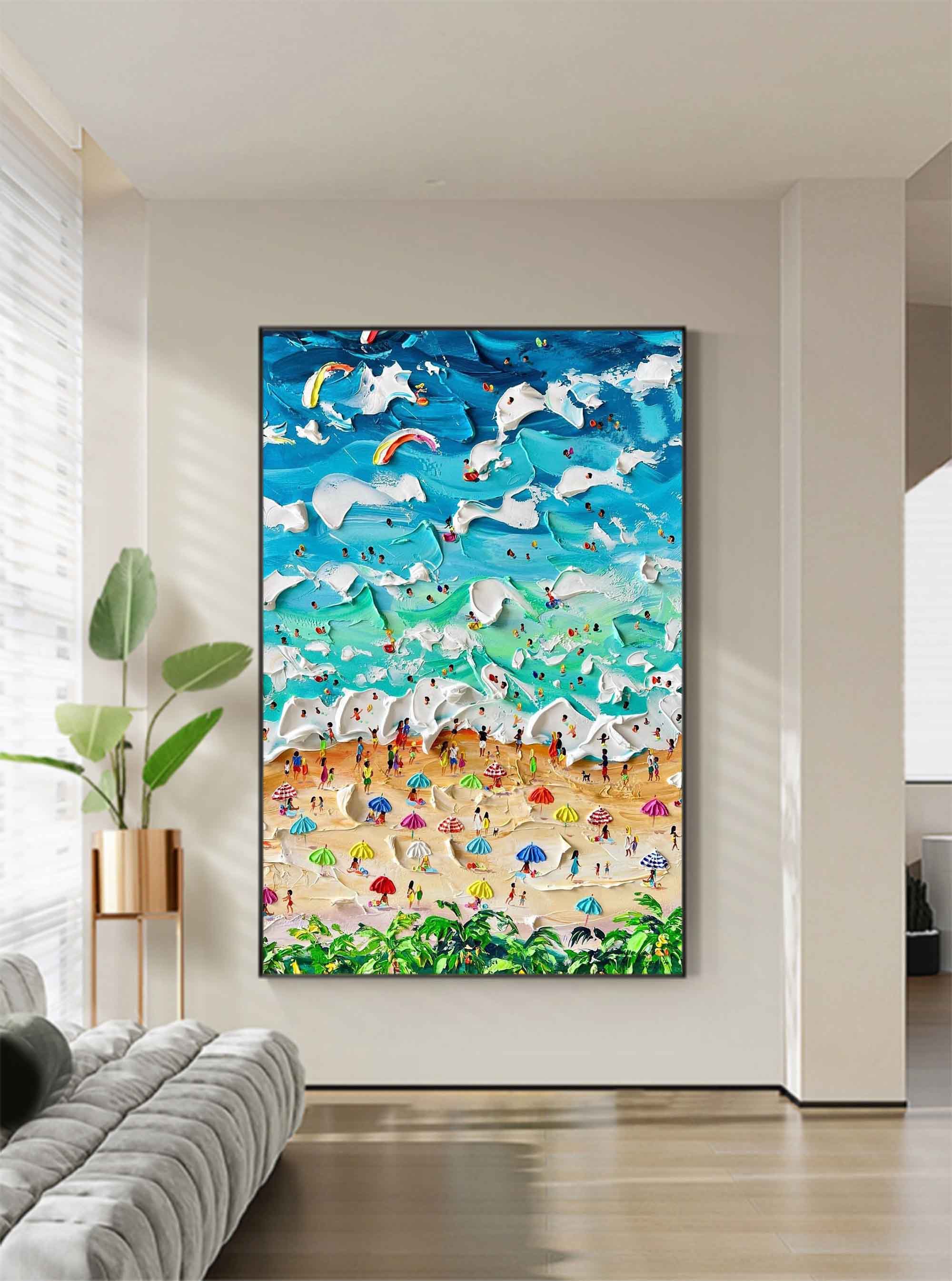 Summer Seaside Holiday Oil Painting On Sale Blue Ocean Waves Beach Wall Art 3D  plaster art