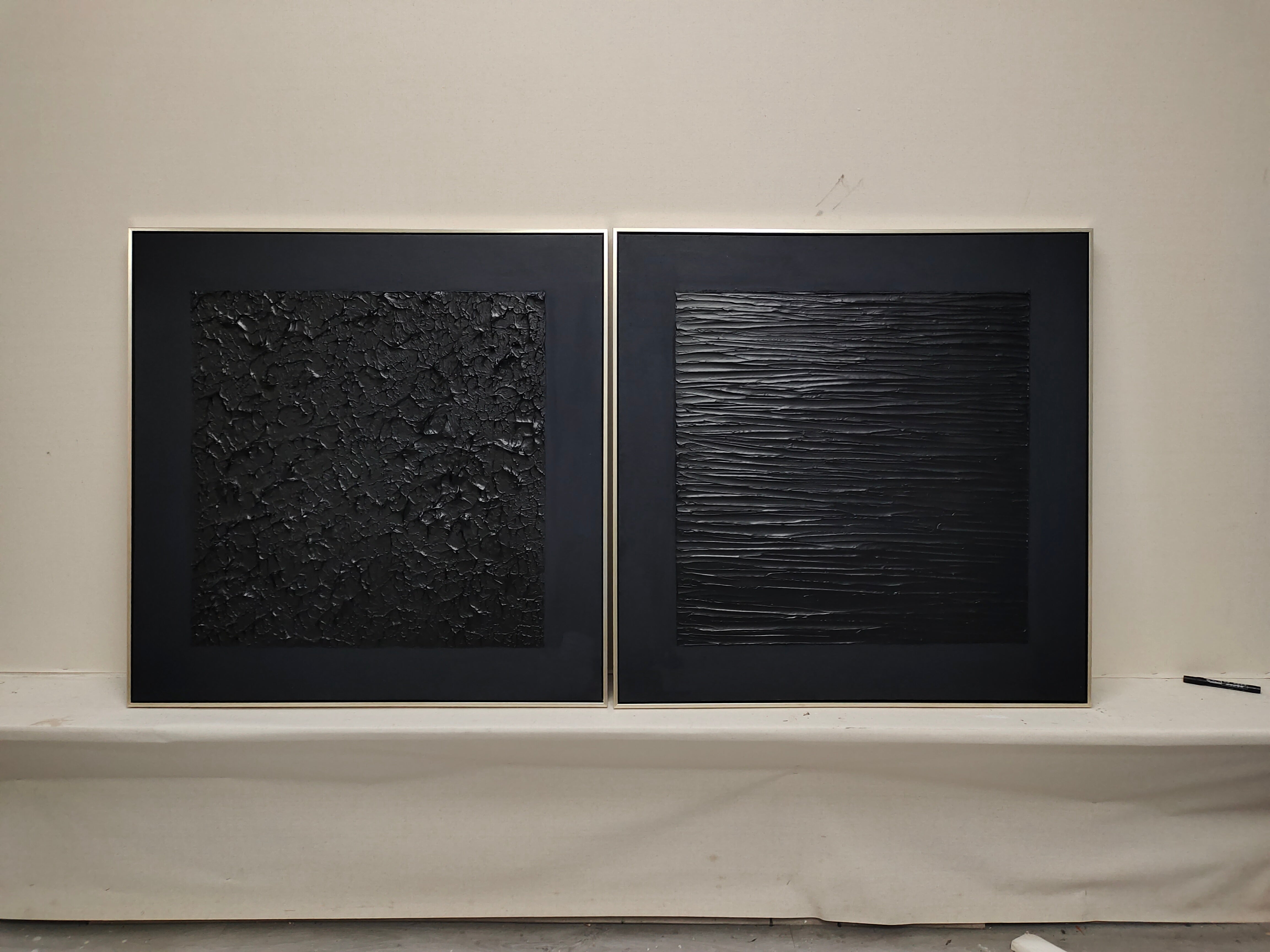 Black 3D Abstract Art Set of 2 Black Textured Wall Decor Painting Set of 2 Black Wabi-Sabi Wall Art Set of 2