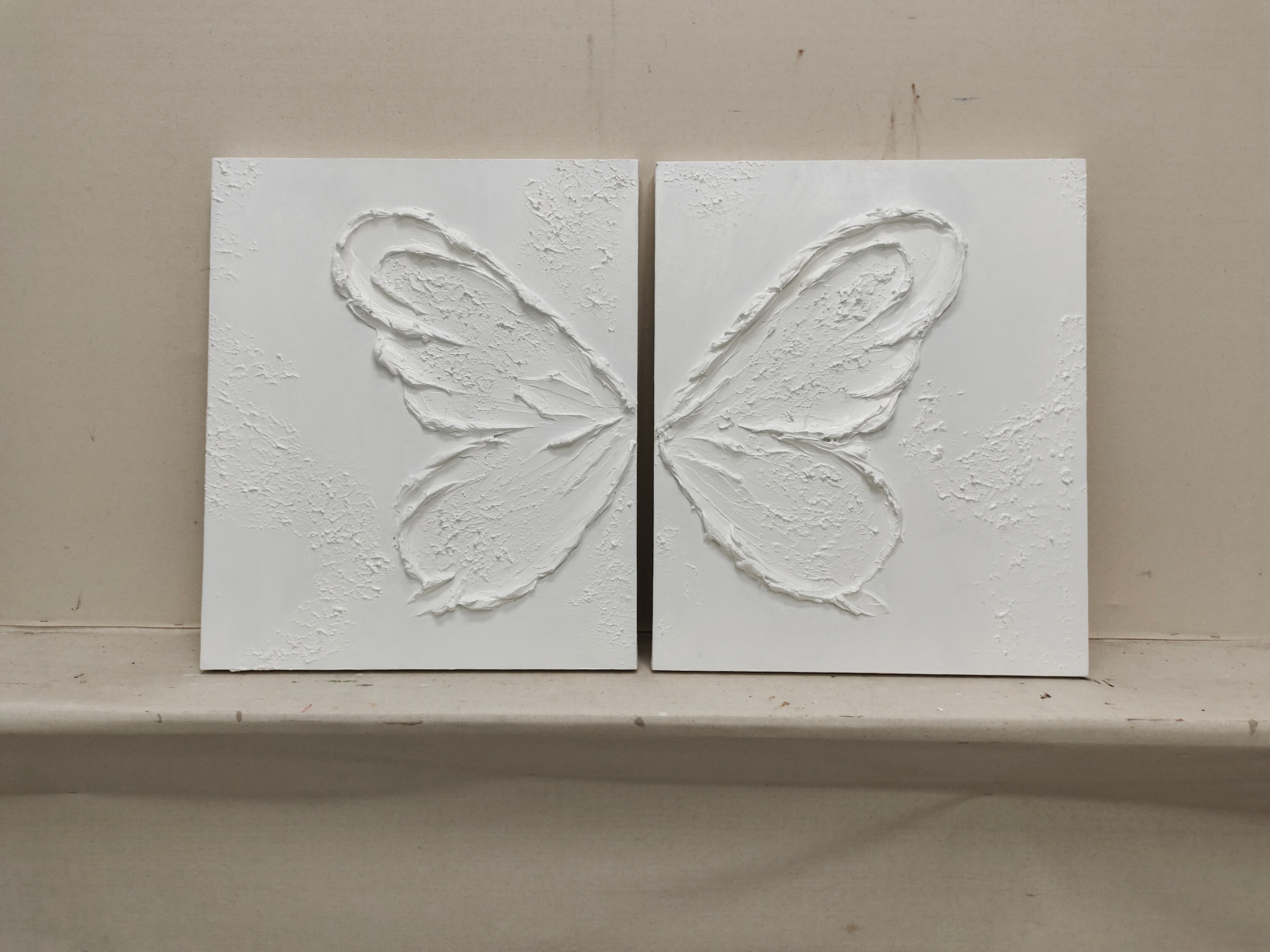 White Butterfly Texture Acrylic Canvas Painting Plaster Painting on Canvas Set of 2 Plaster Wall Art